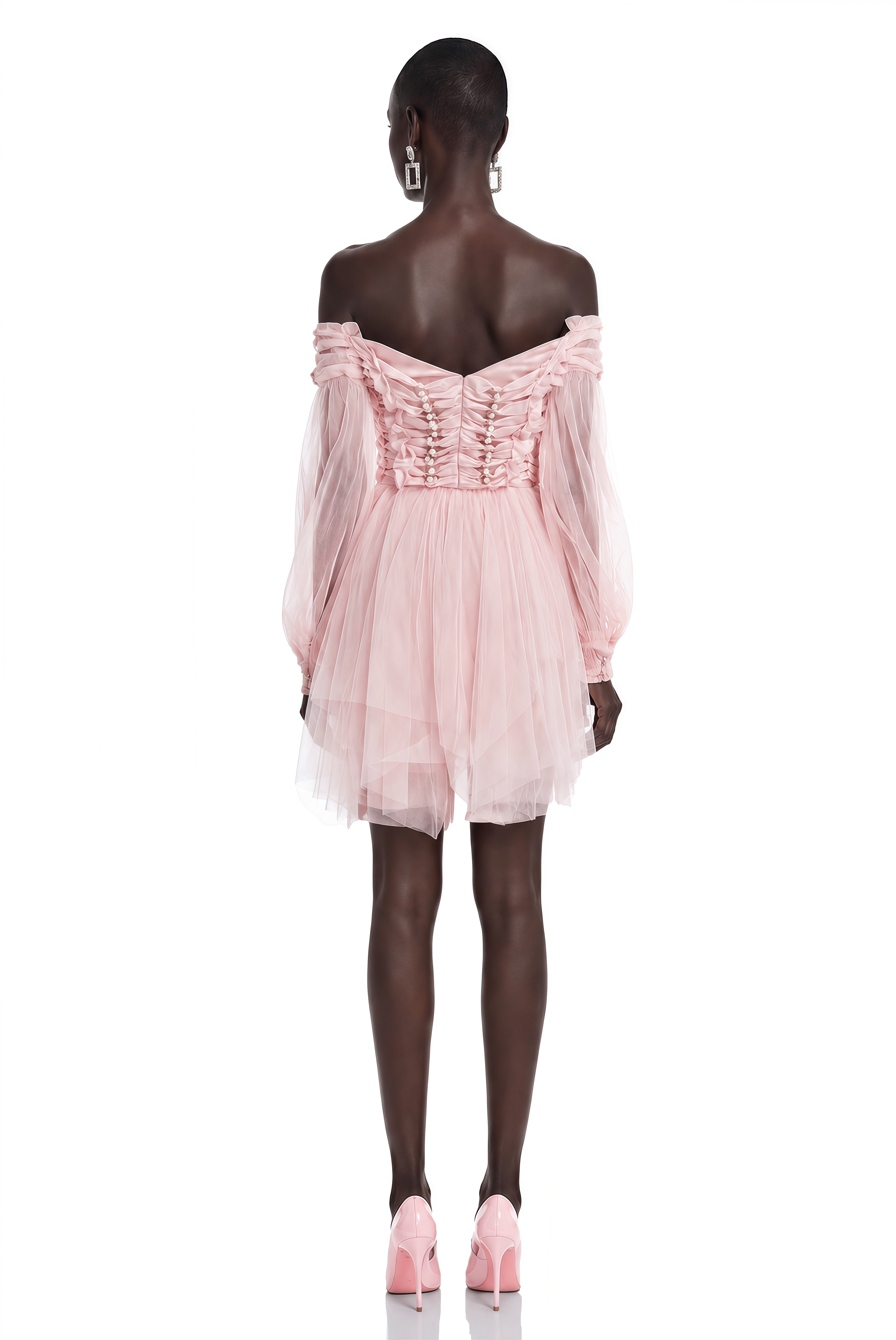 Mini-robe asymétrique rose poudré à volants et perles Alma