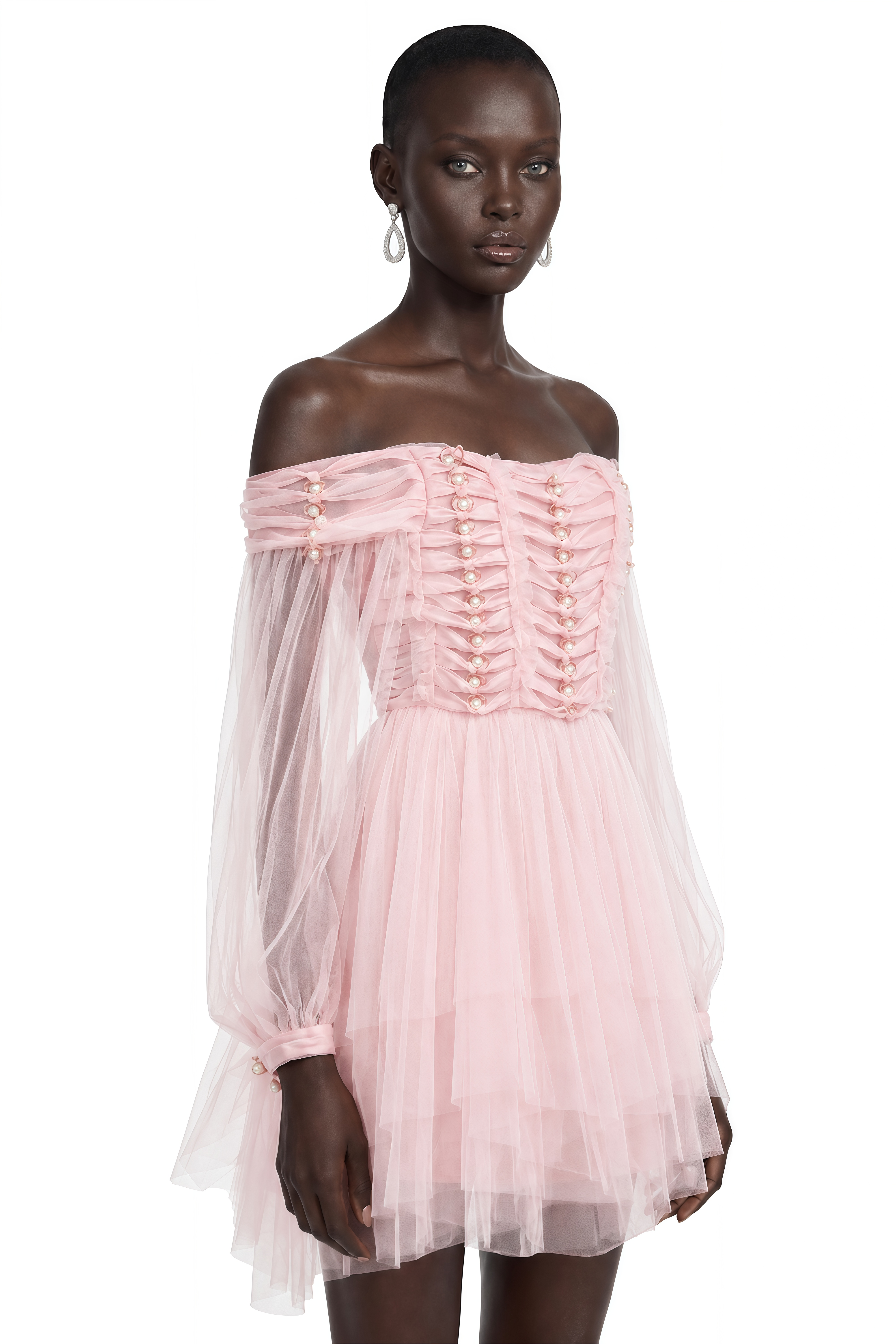 Alma Blush Pink Ruffled Asymmetrical Mini Dress with Pearls