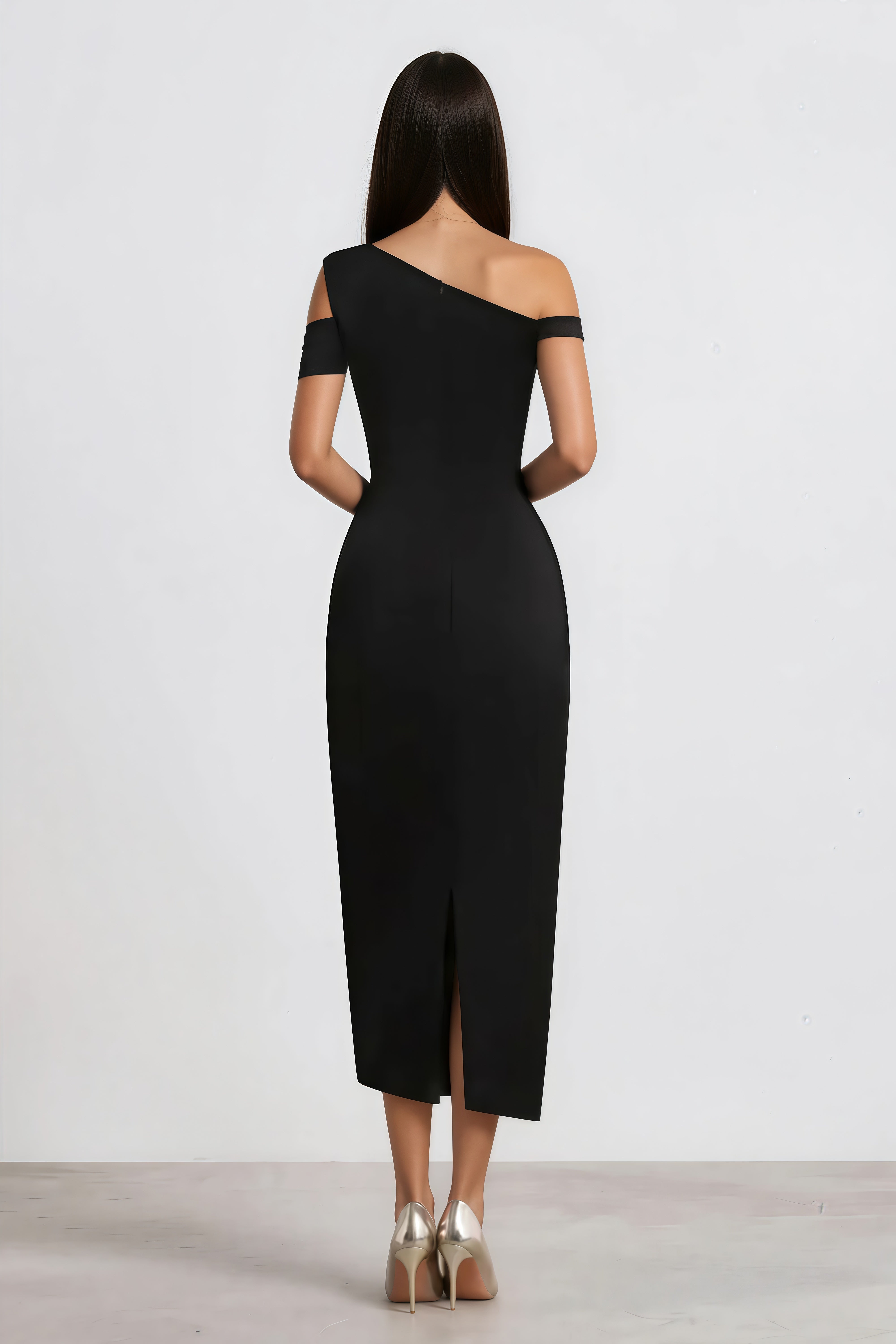 Black One-Shoulder Midi Dress