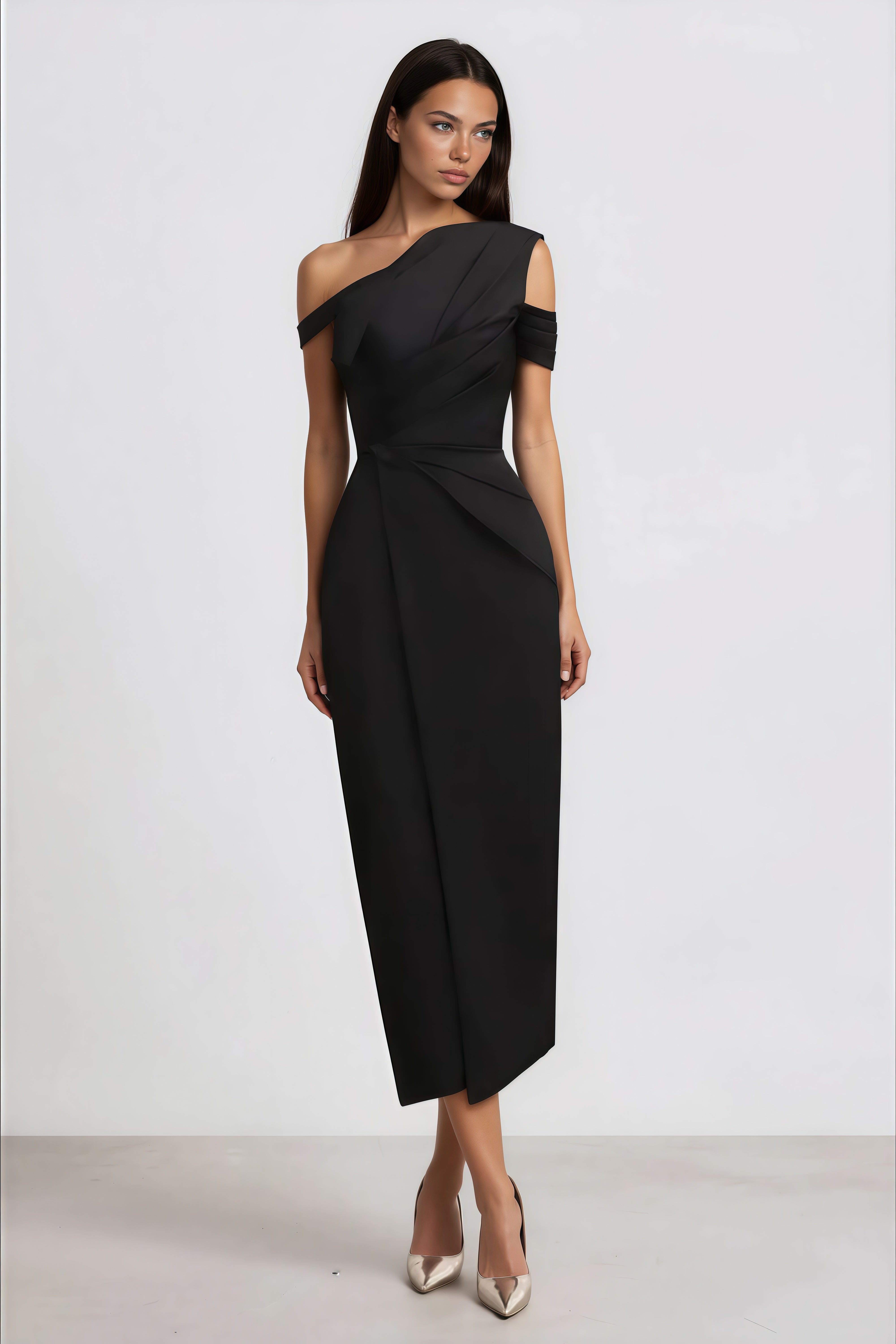Black One-Shoulder Midi Dress