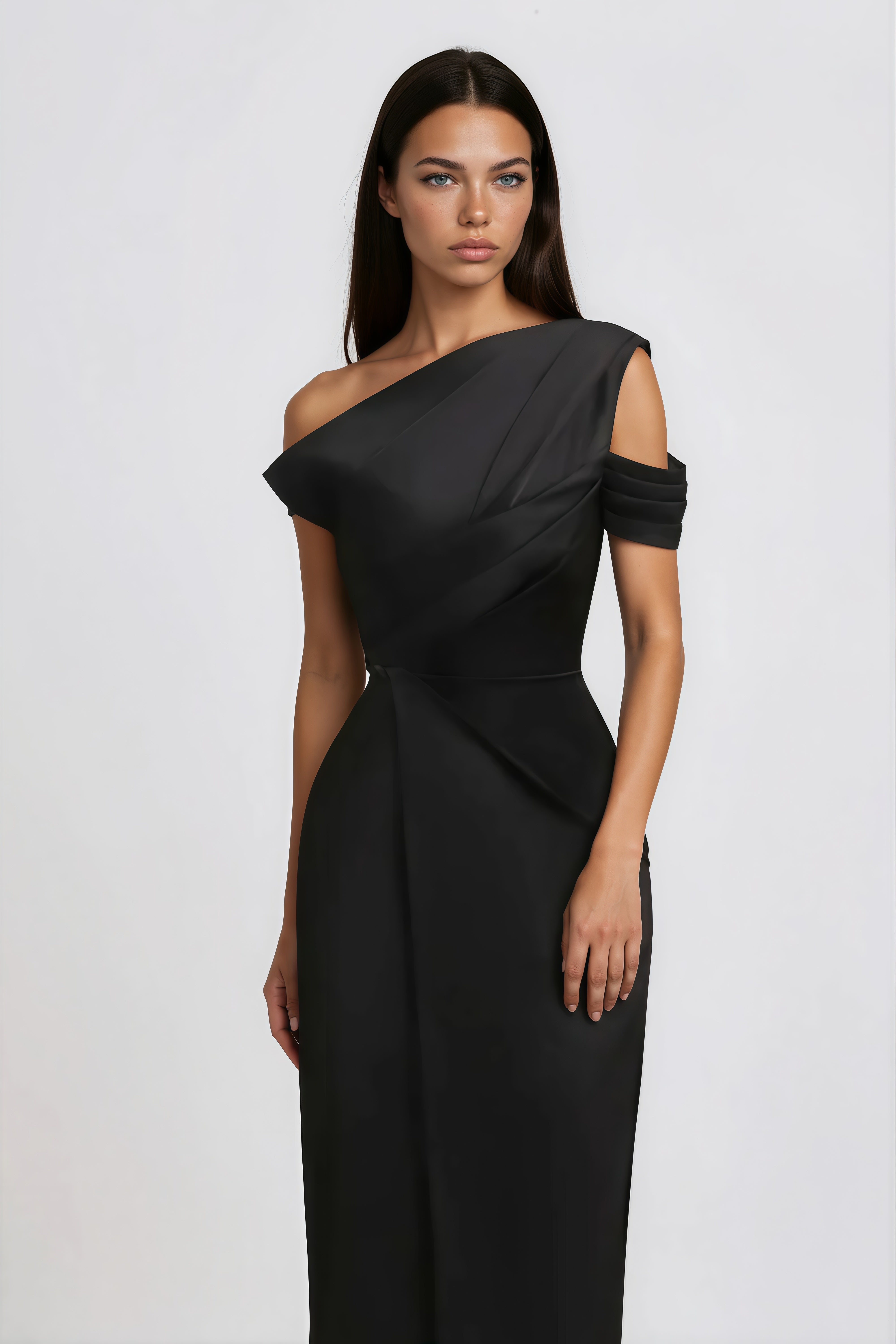 Black One-Shoulder Midi Dress