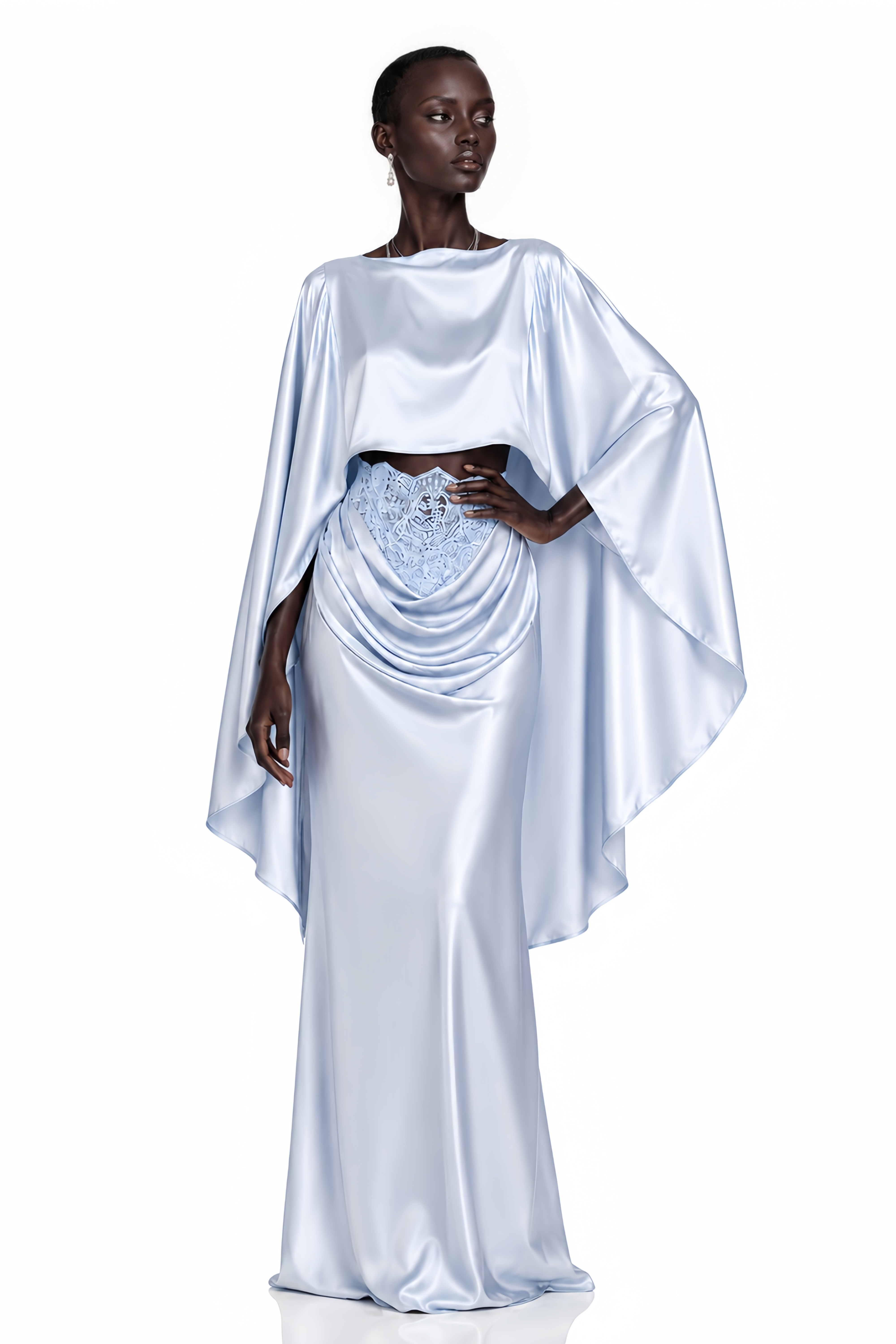 Light blue satin maxi dress with a draped cape overlay and lace corset waistband