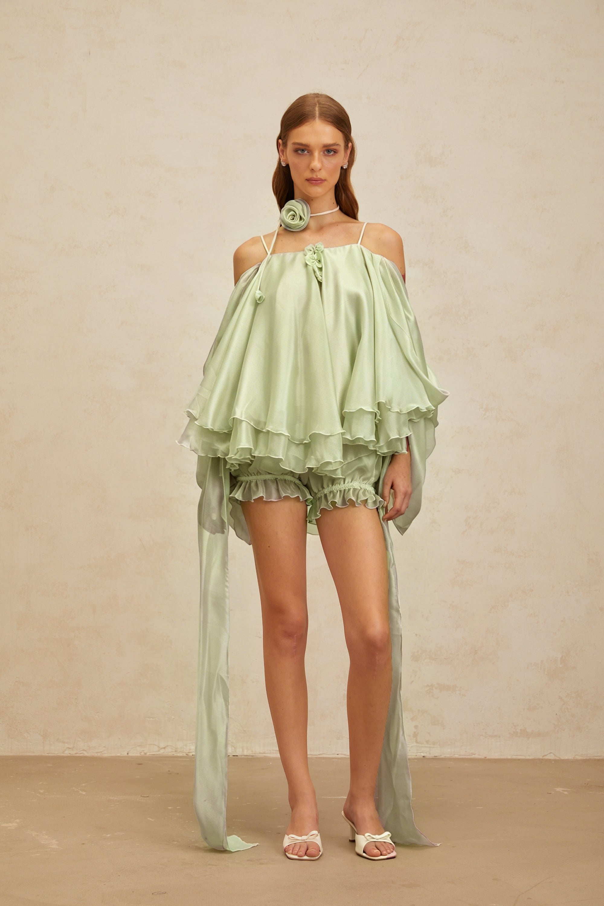 Amélie Green 3D Petal Tulle Top & Shorts Set