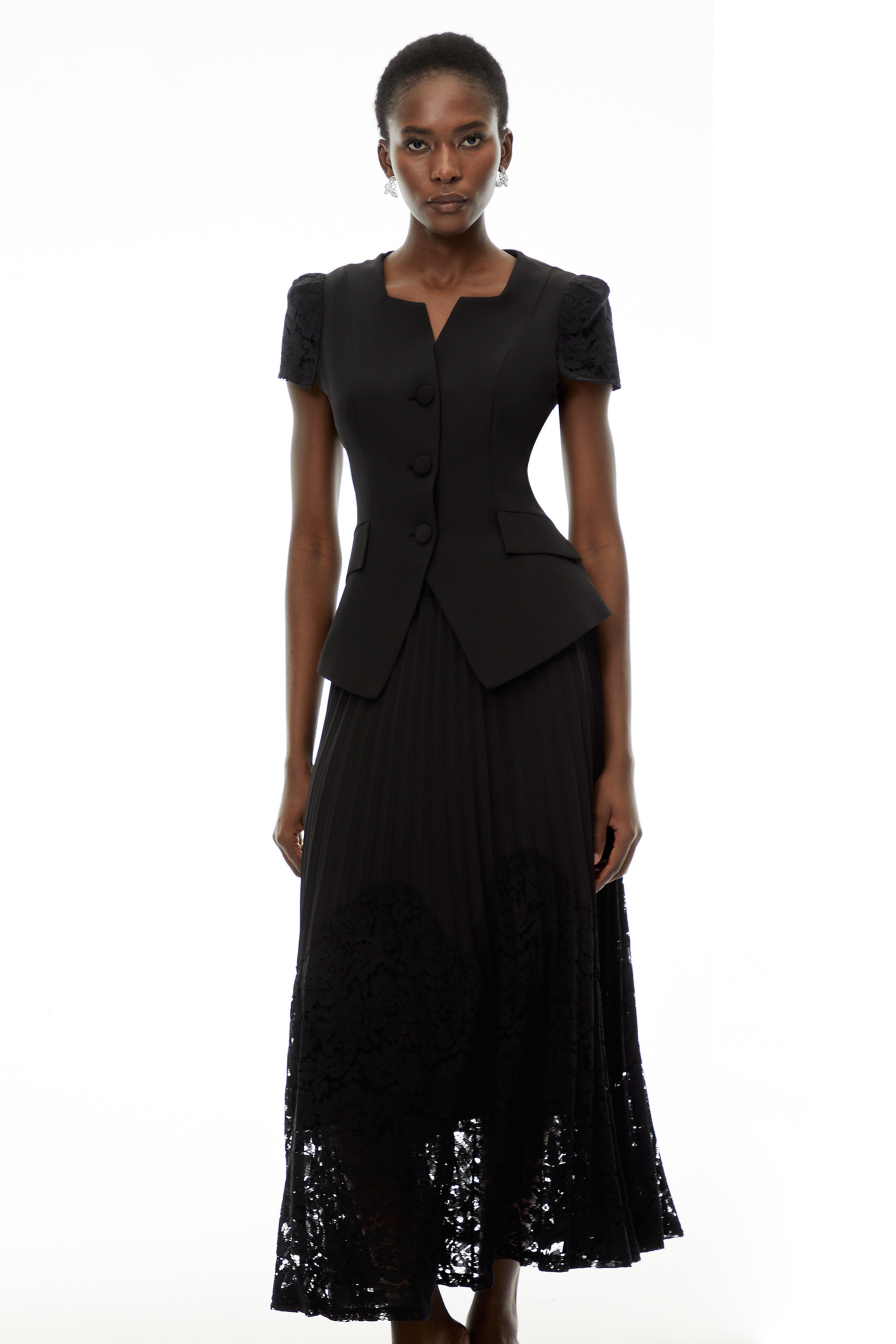 Beatrice Black V-Neck Button Down Top & Skirt Set