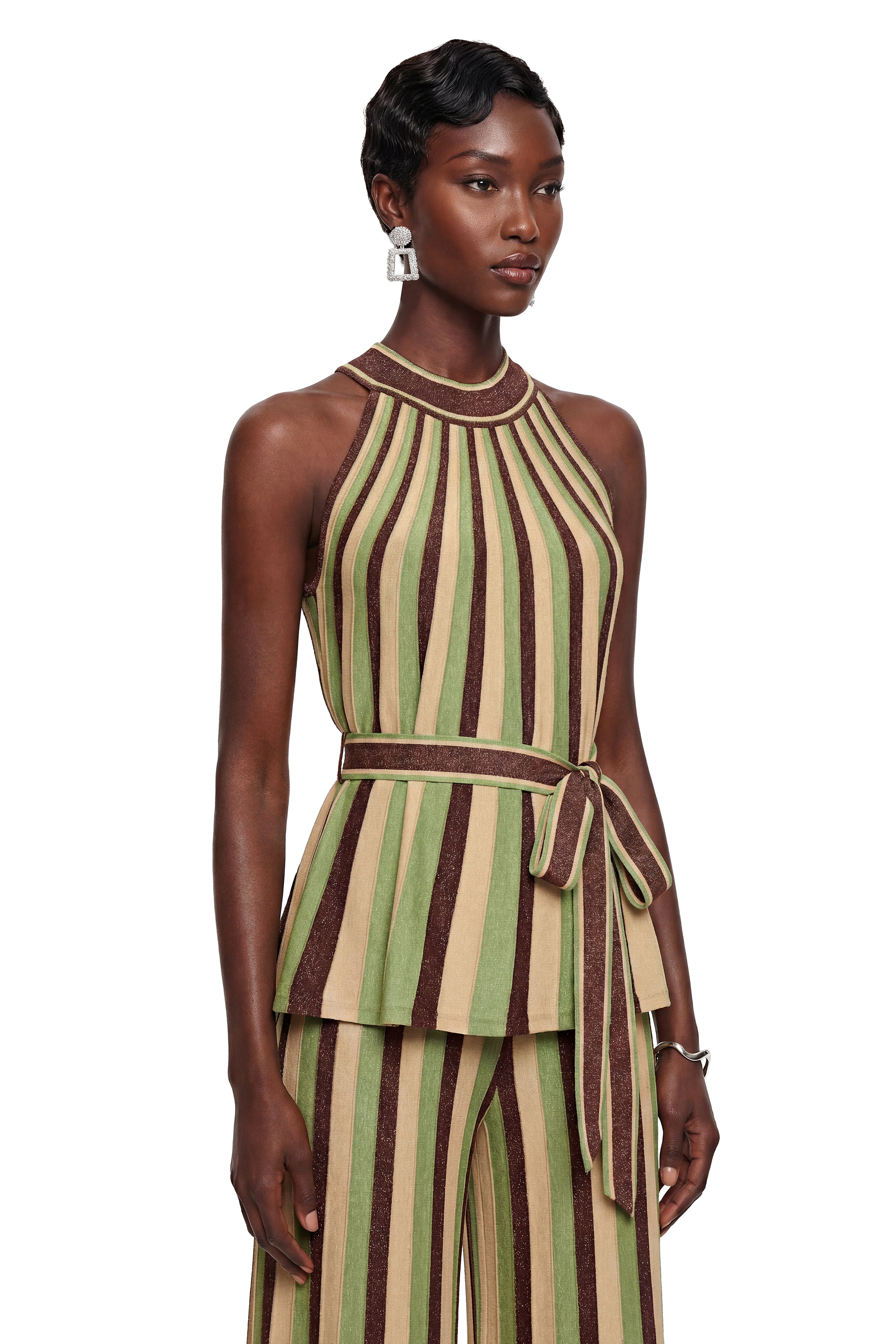 Anastasia Green Stripe Pattern Top & Trousers Matching Set