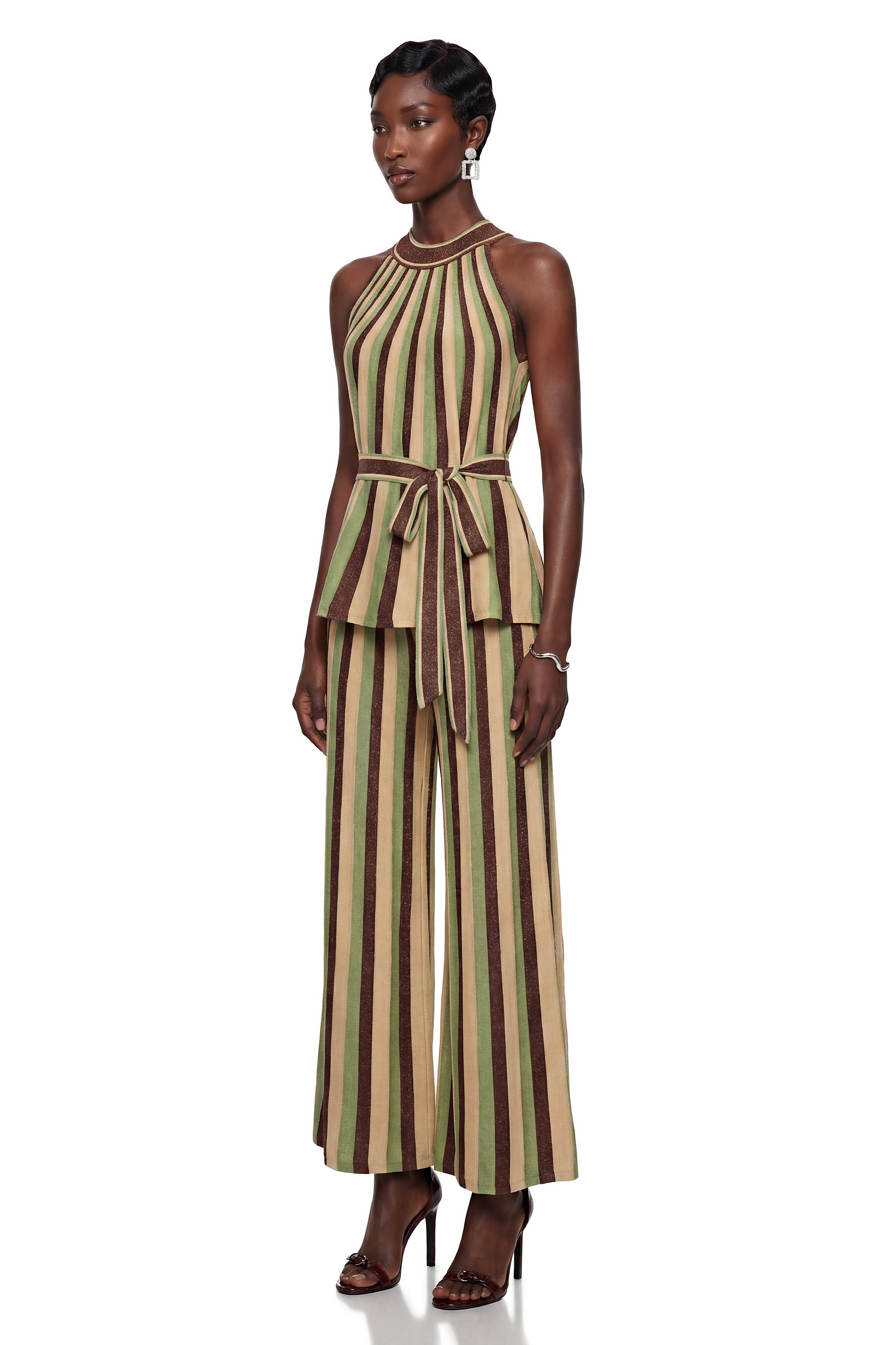 Anastasia Green Stripe Pattern Top & Trousers Matching Set