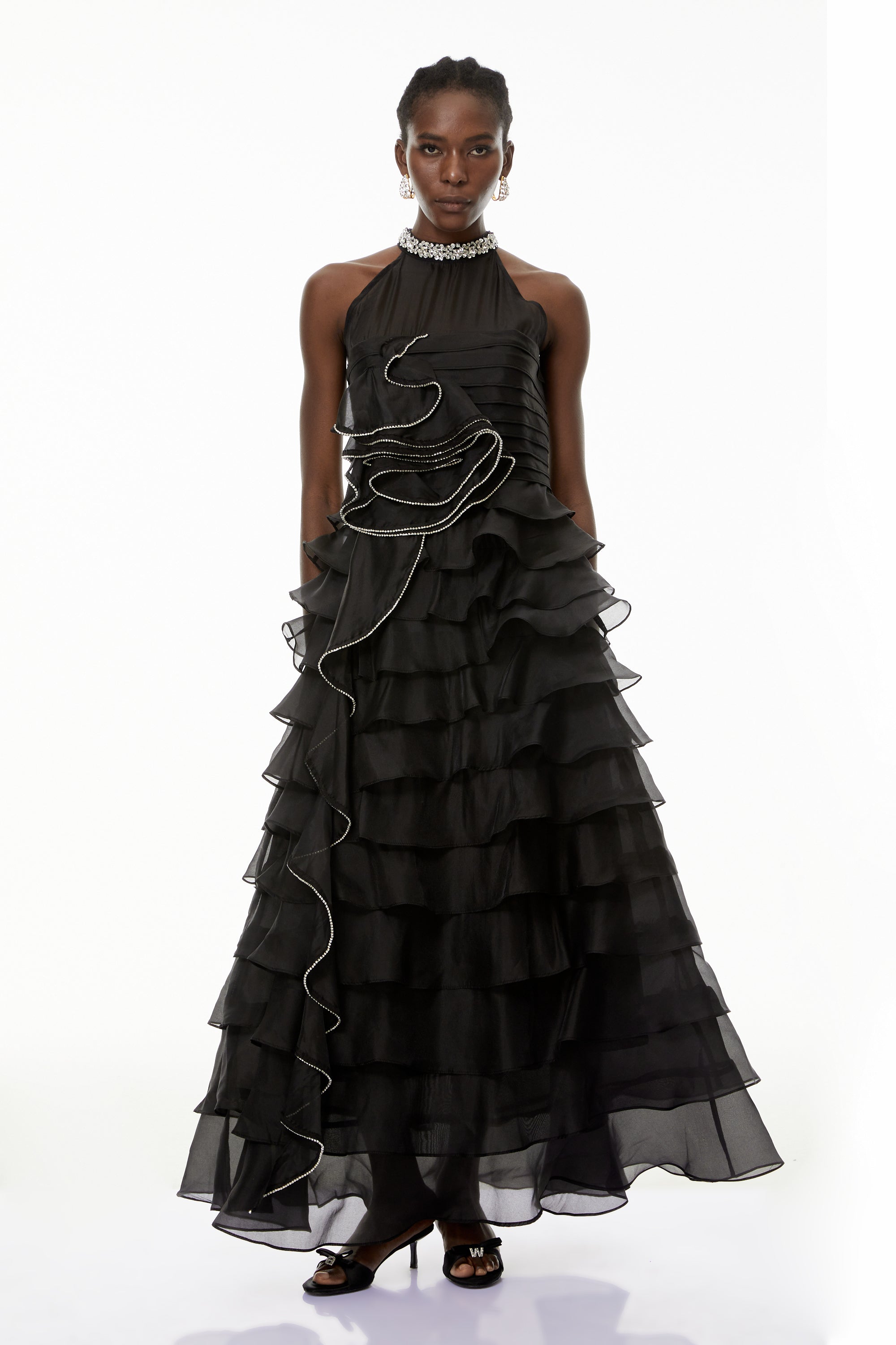 Anathi Black 3D Petal Ruffled Maxi Dress