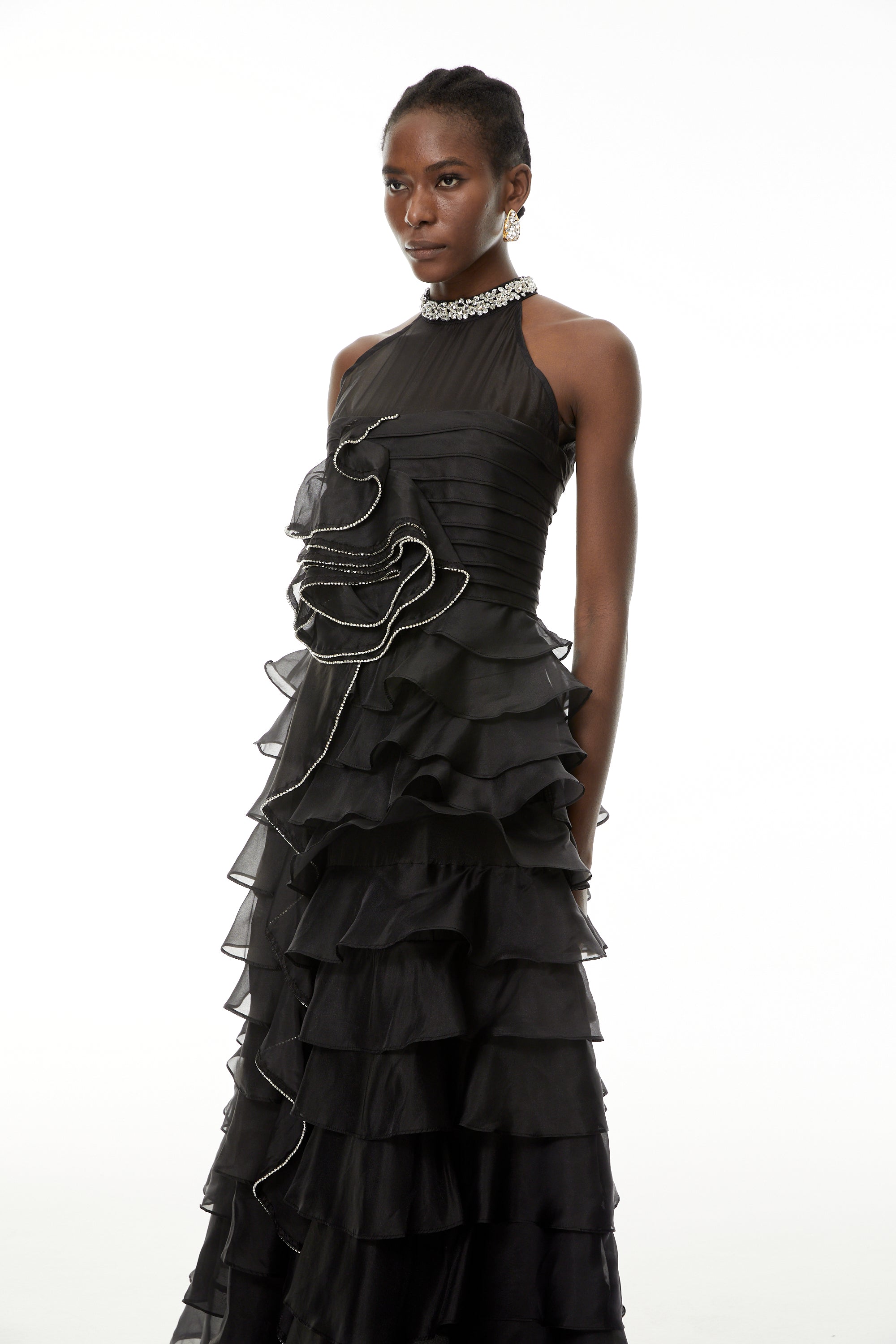 Anathi Black 3D Petal Ruffled Maxi Dress