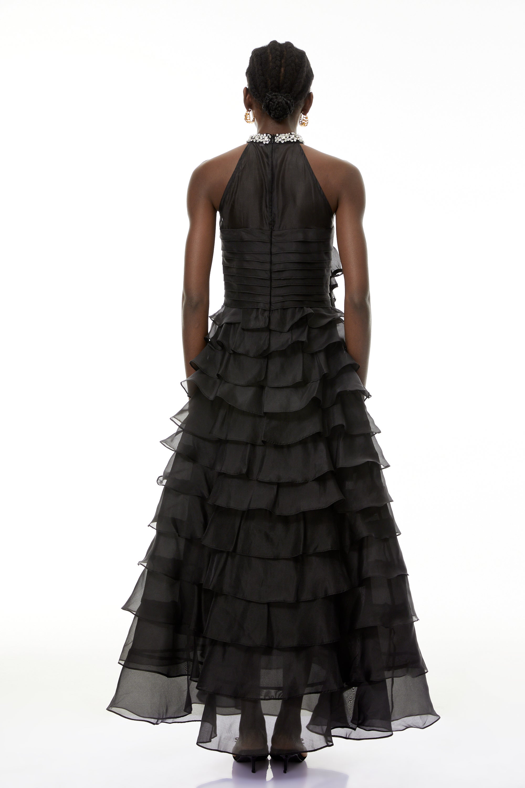 Anathi Black 3D Petal Ruffled Maxi Dress