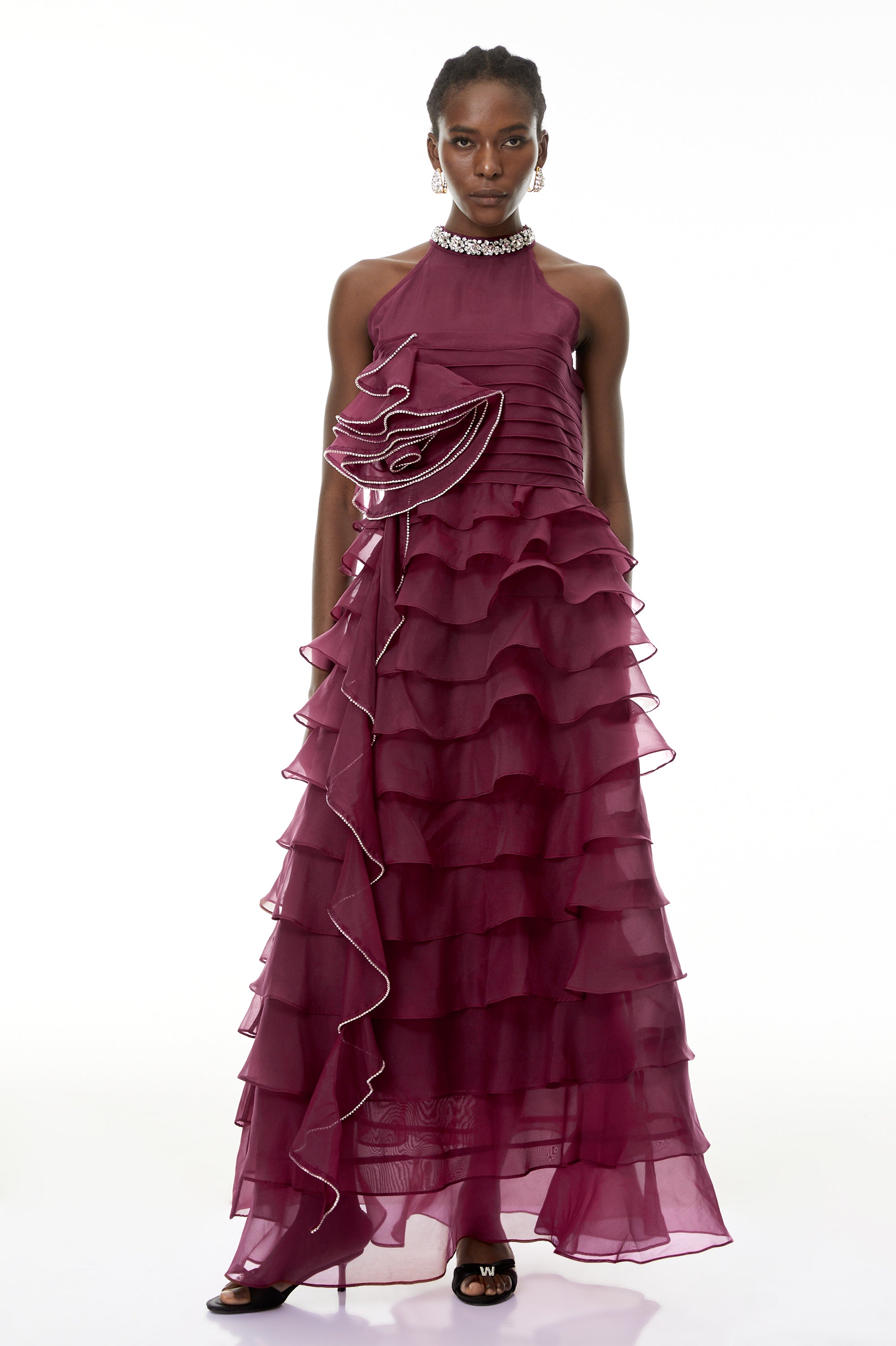 Anathi Red 3D Petal Ruffled Maxi Dress