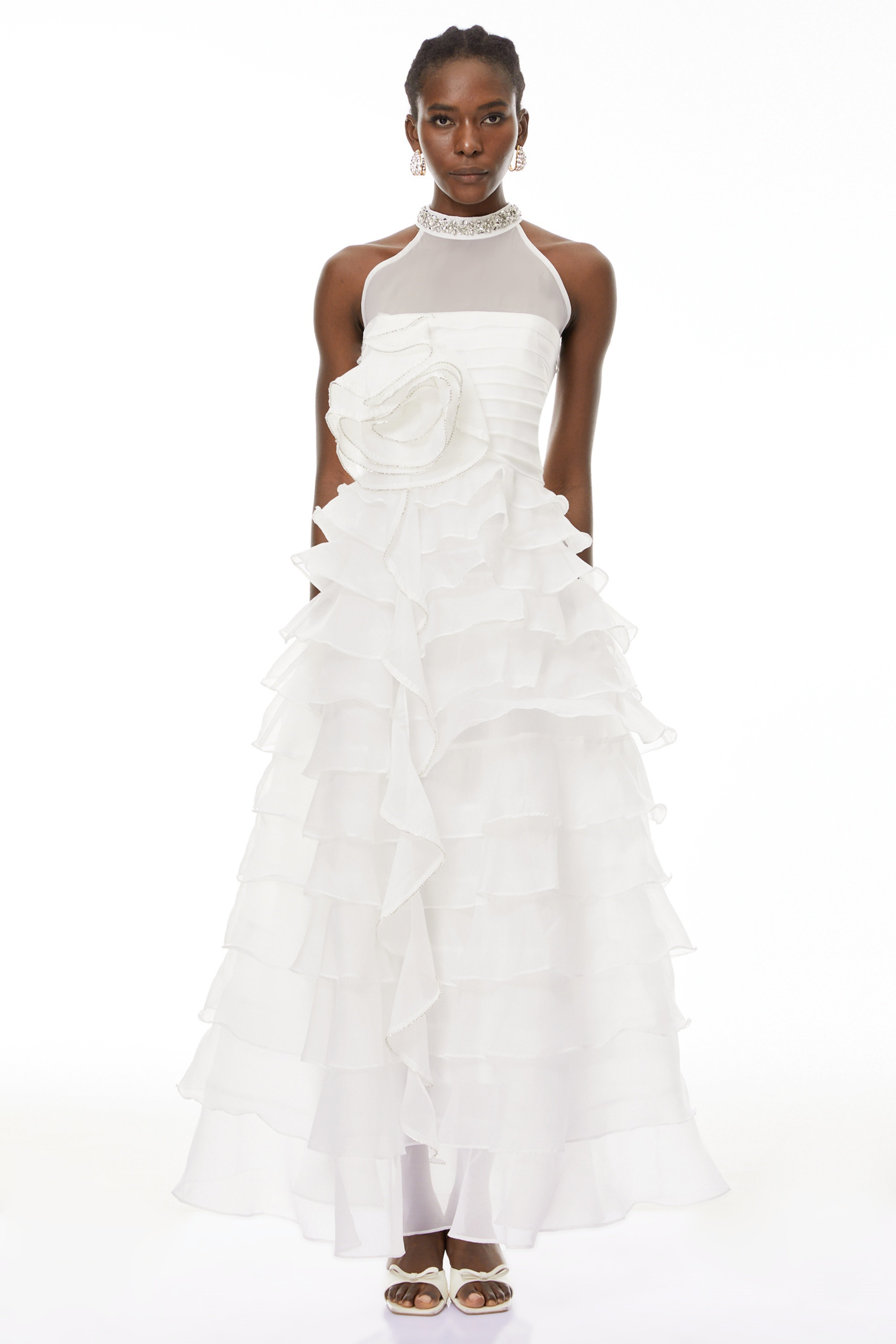 Anathi White 3D Petal Ruffled Maxi Dress