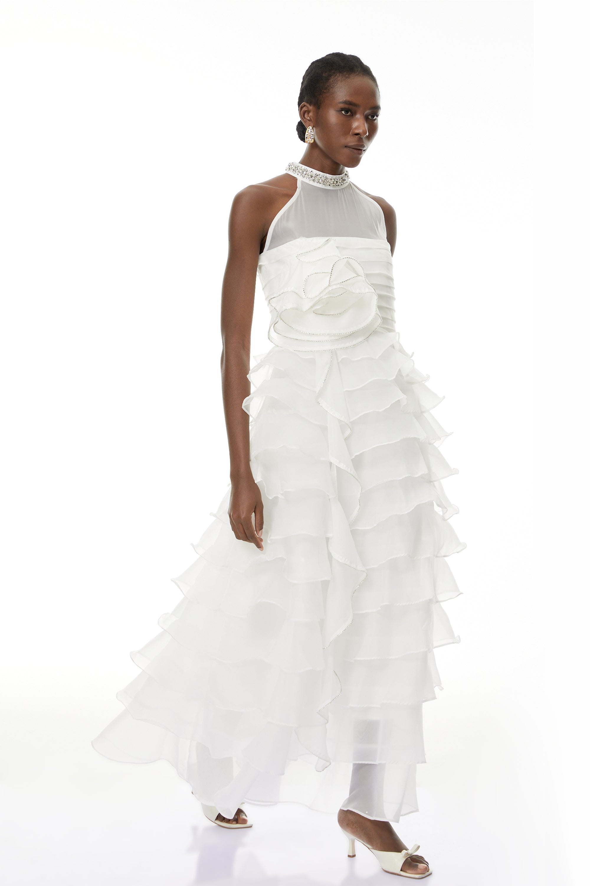 Anathi White 3D Petal Ruffled Maxi Dress