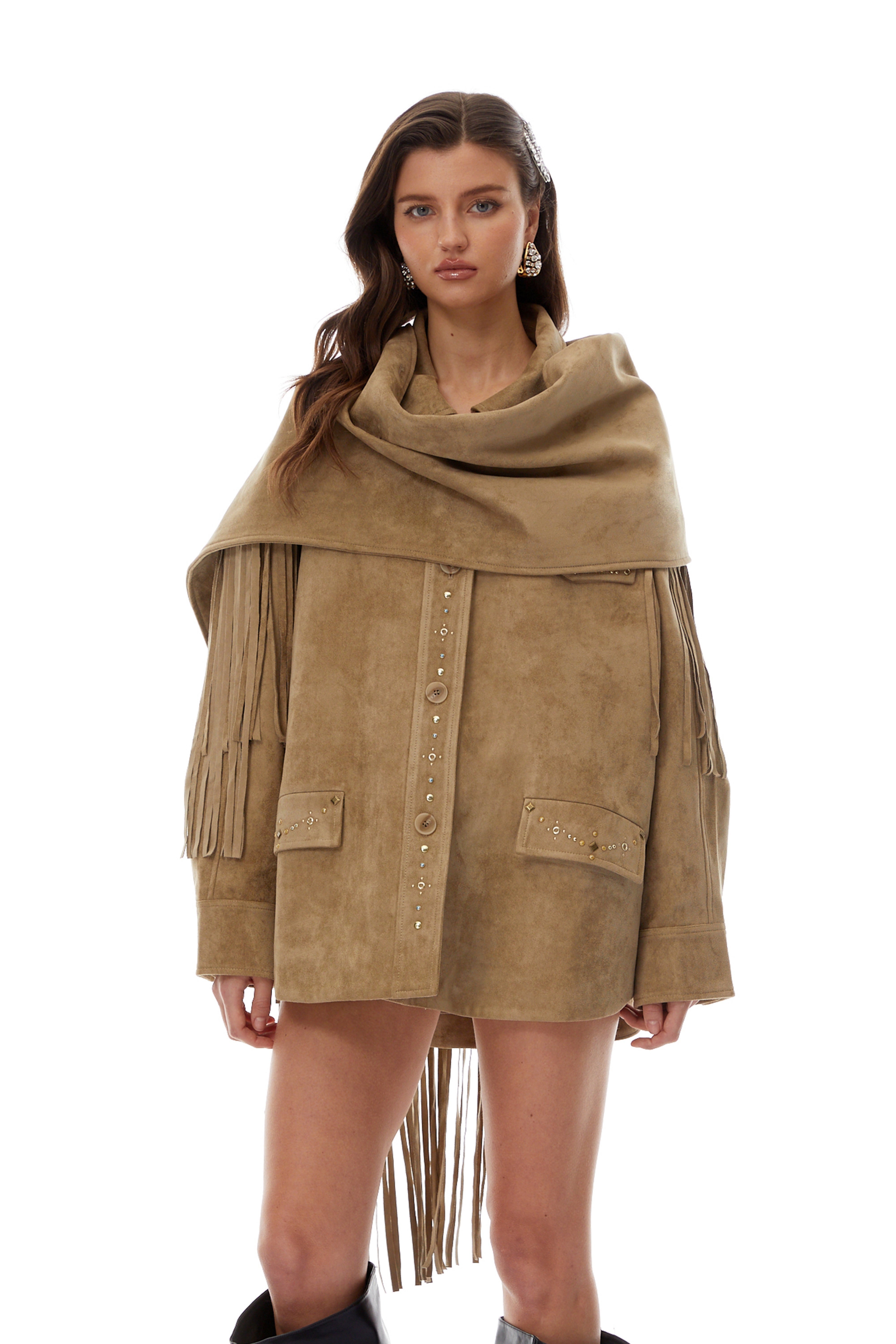 Angelika Khaki Rhinestone Scarf Design Suede Coat