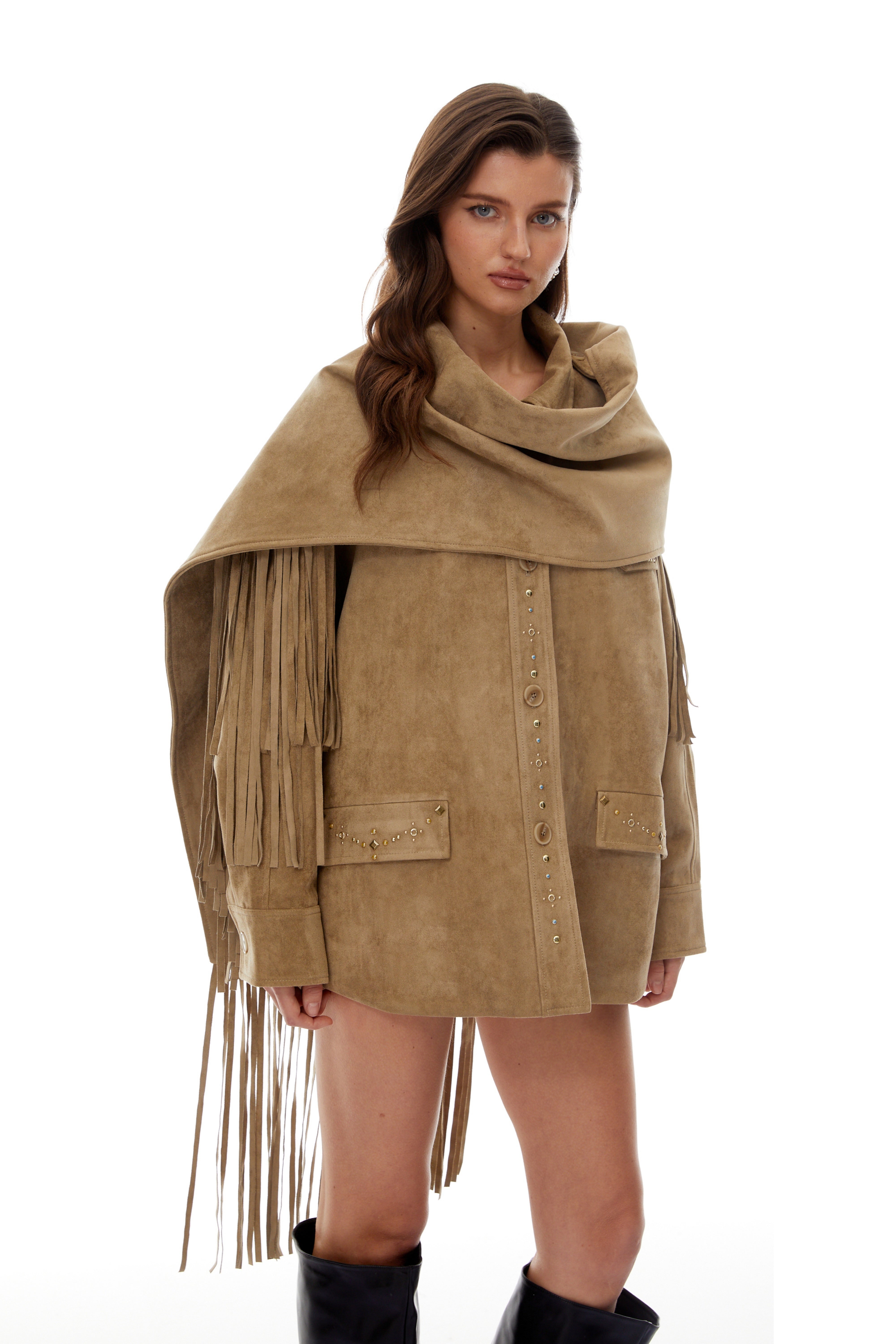 Angelika Khaki Rhinestone Scarf Design Suede Coat