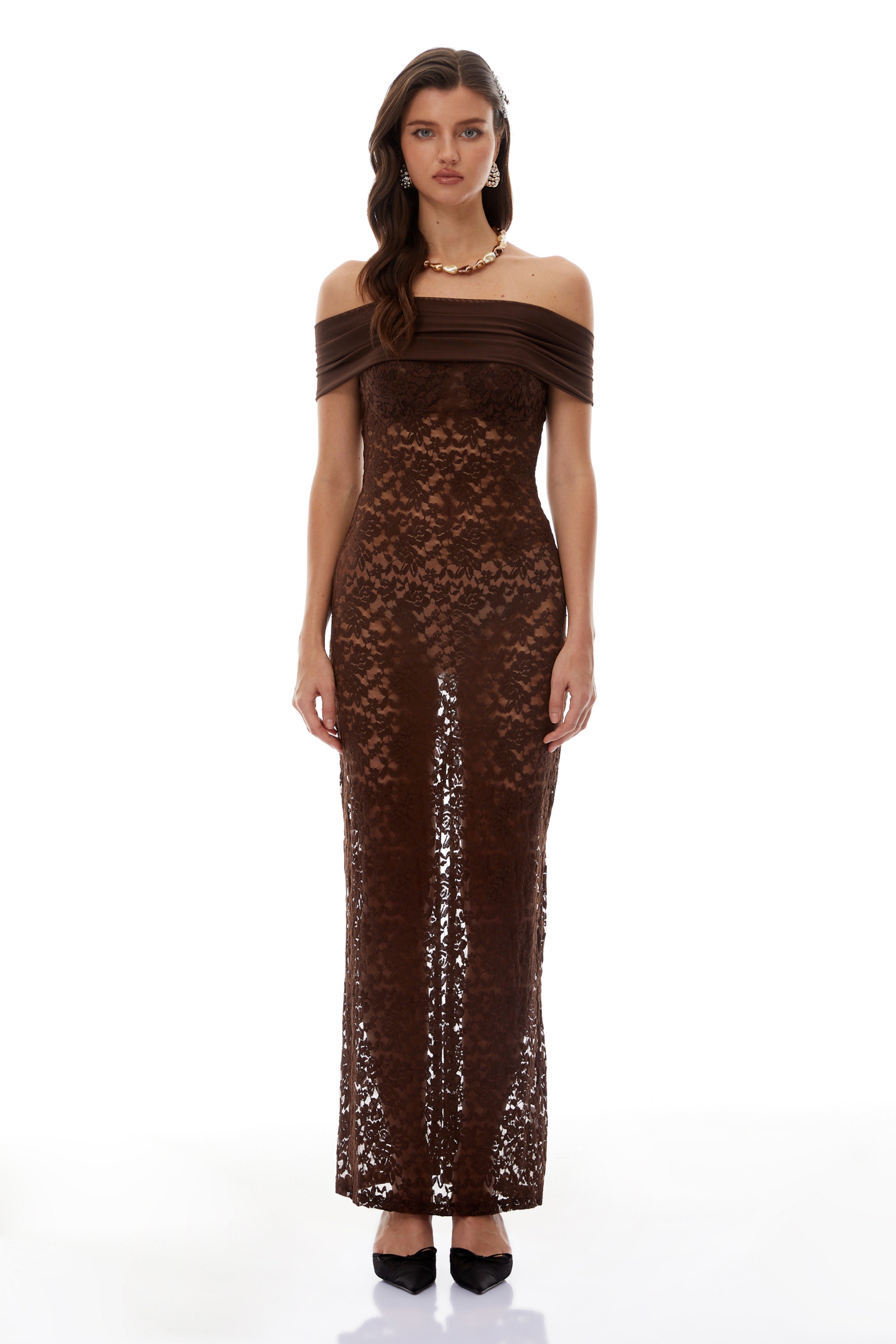 Angelina Brown Off Shoulder Floral Lace Maxi Dress