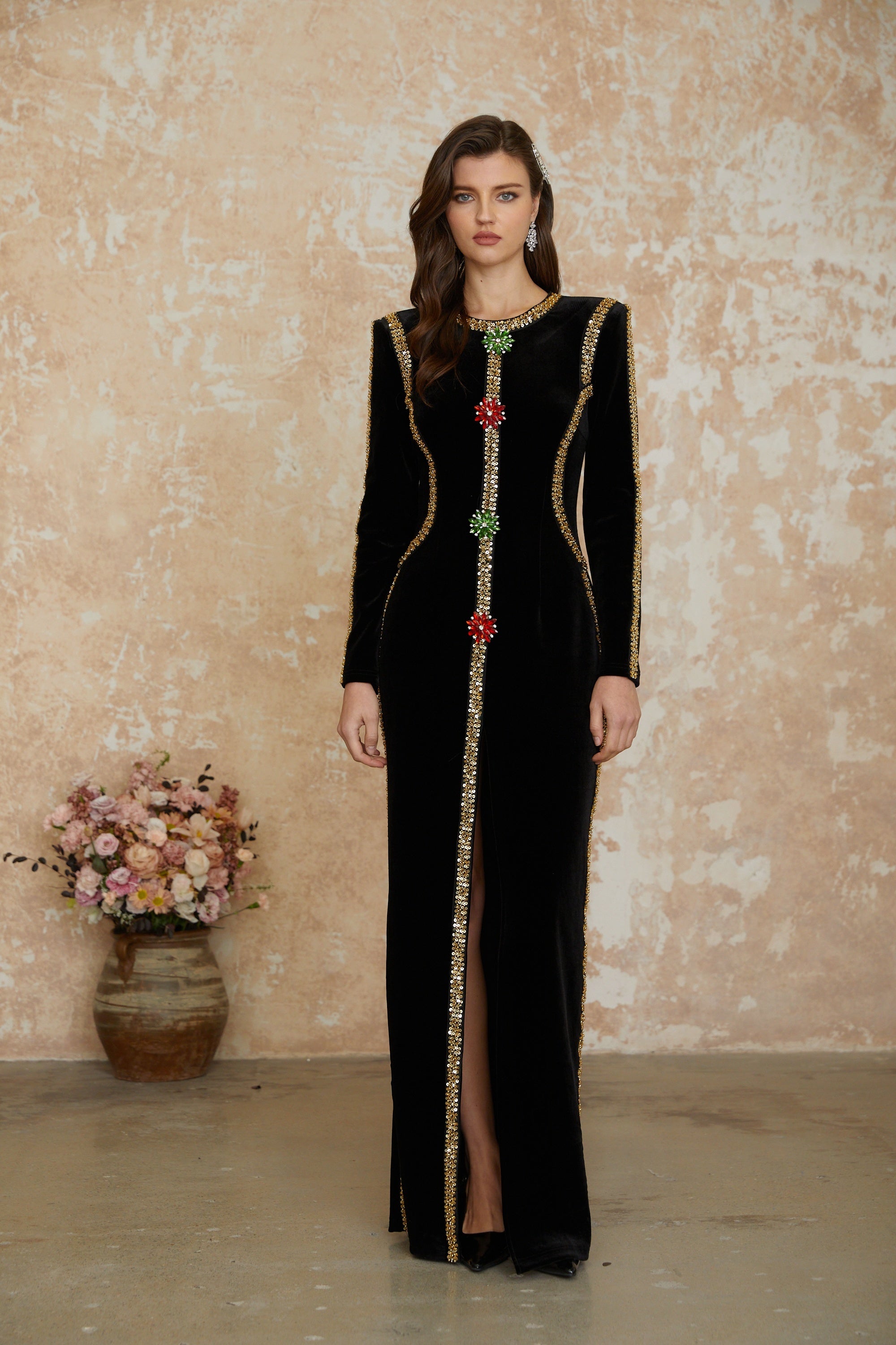 Anna Black Crystal Embellished Front Slit Maxi Dress