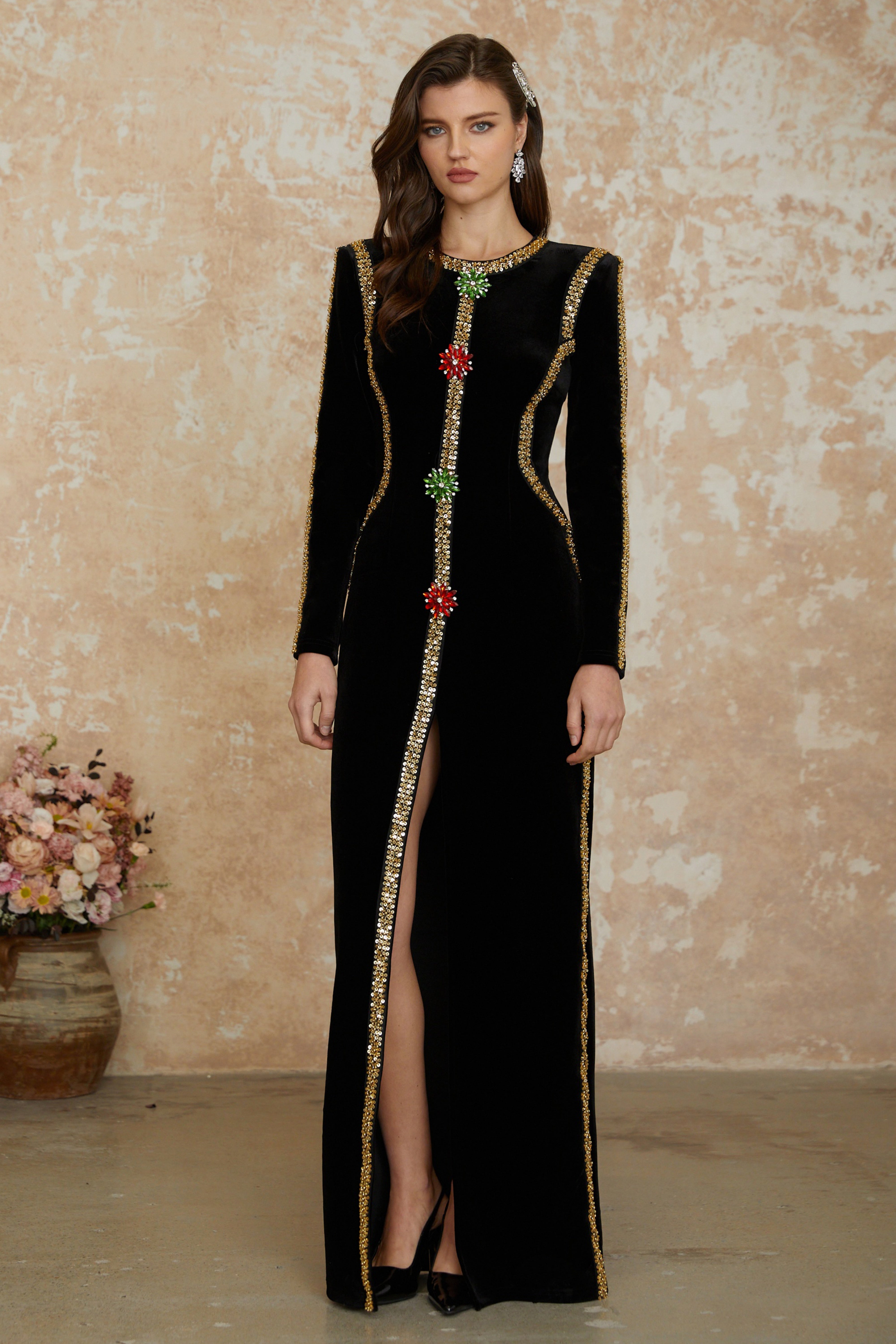 Anna Black Crystal Embellished Front Slit Maxi Dress