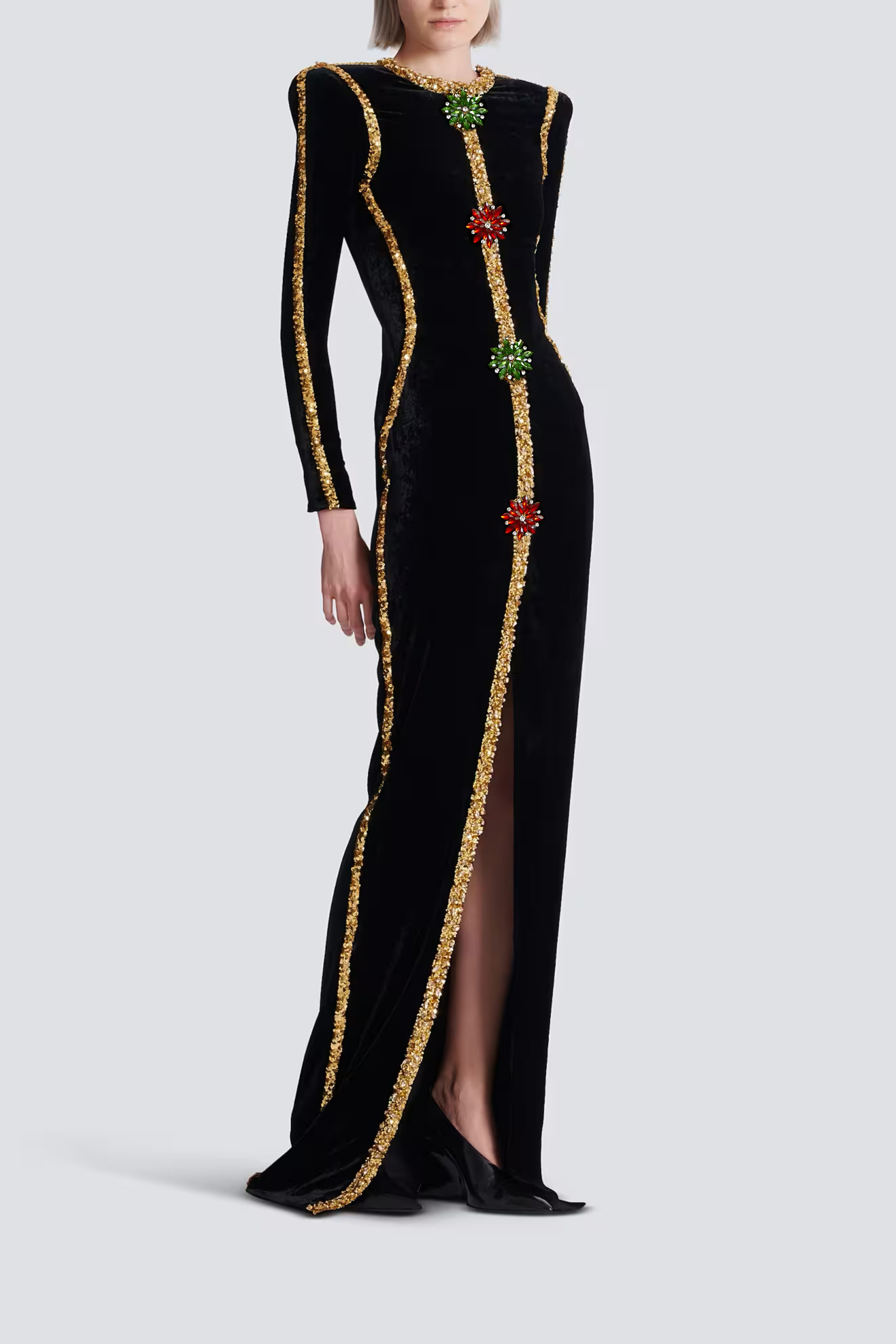 Anna Black Crystal Embellished Front Slit Maxi Dress