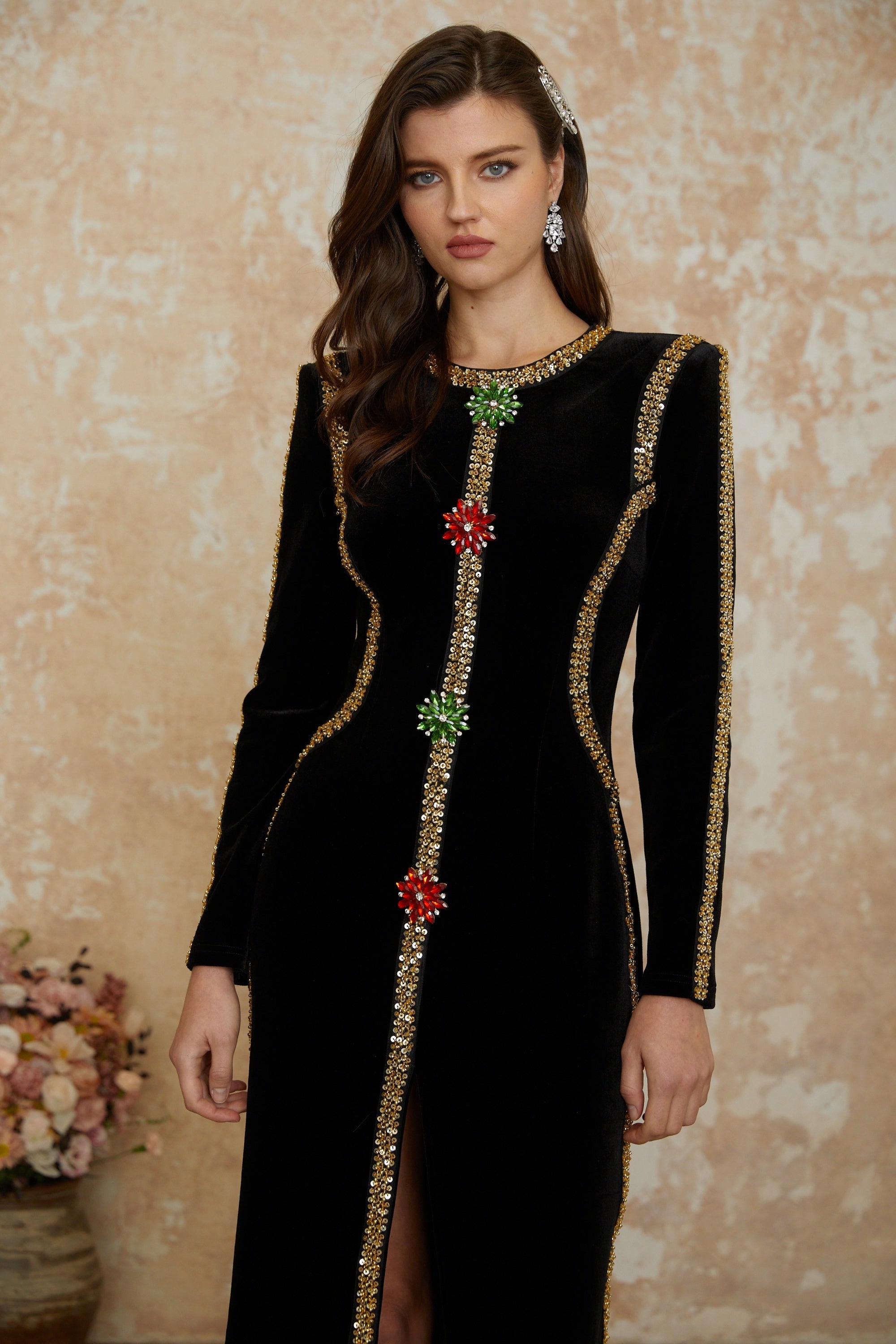 Anna Black Crystal Embellished Front Slit Maxi Dress