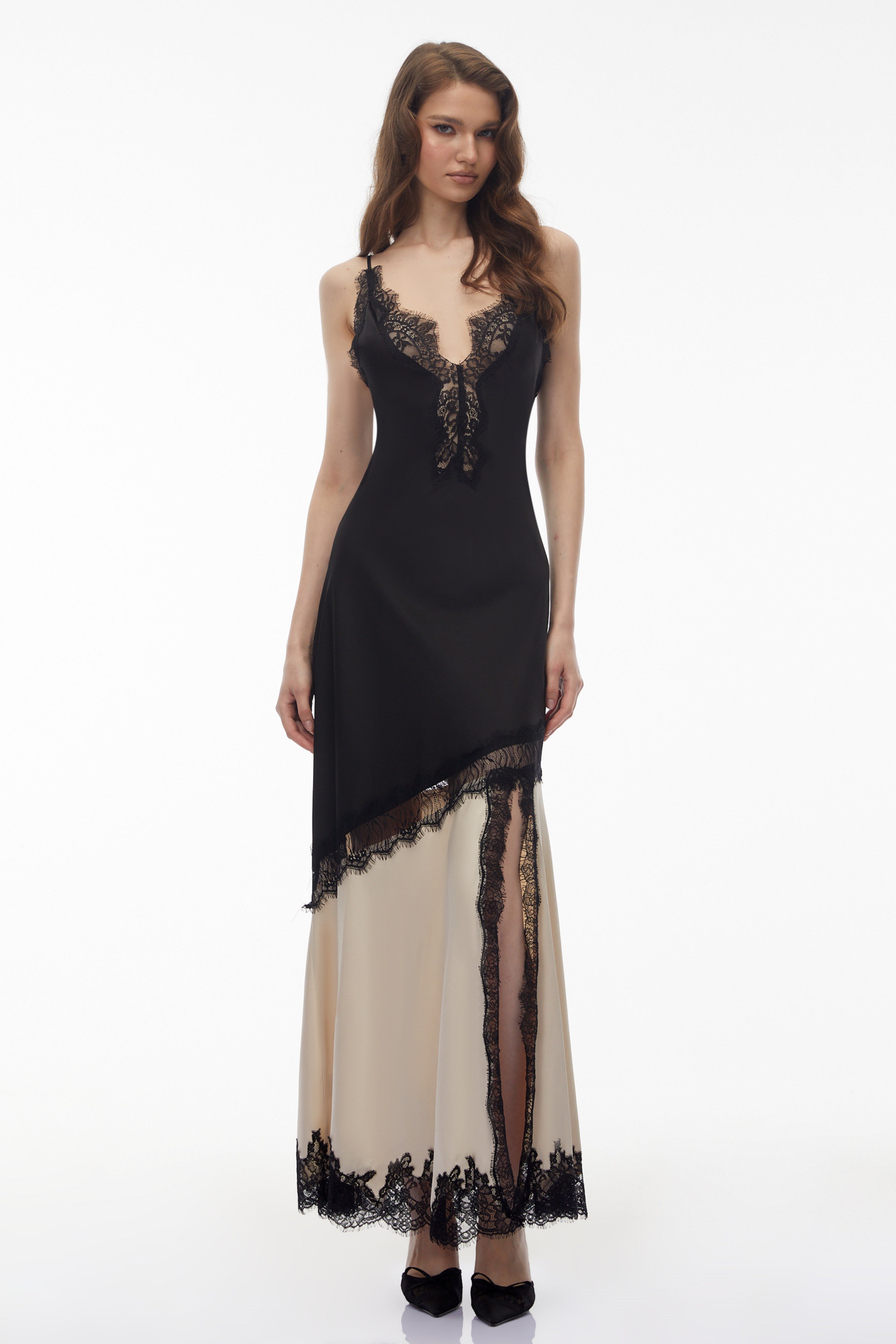 Annabelle Black V-neck Lace Trim Panelled Slit Maxi Dress