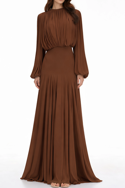Annabelle Brown Lantern Sleeve Pleated Maxi Dress, M / Brown