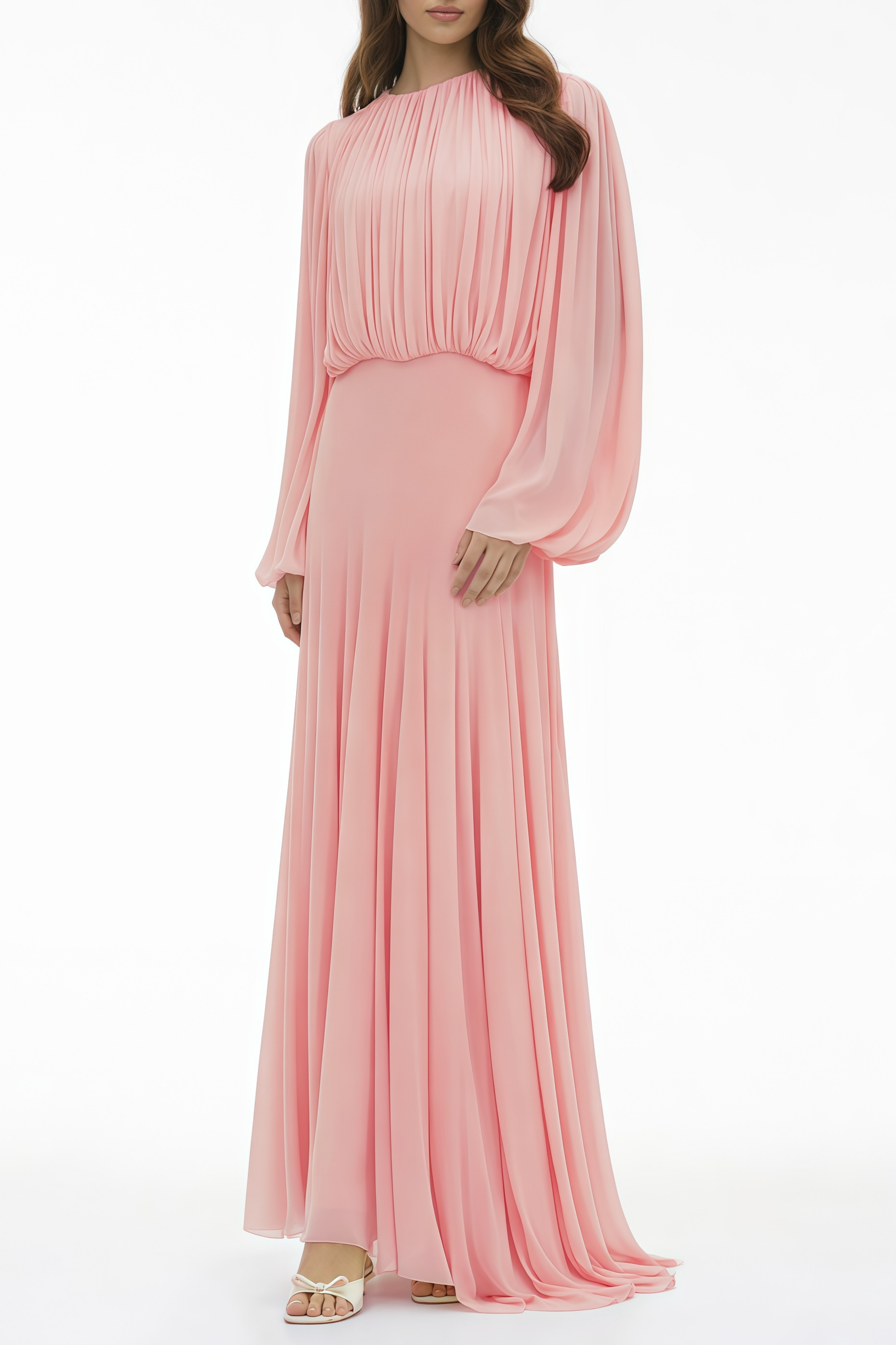 فستان طويل من أنابيل بلون وردي بأكمام واسعة ومطوي