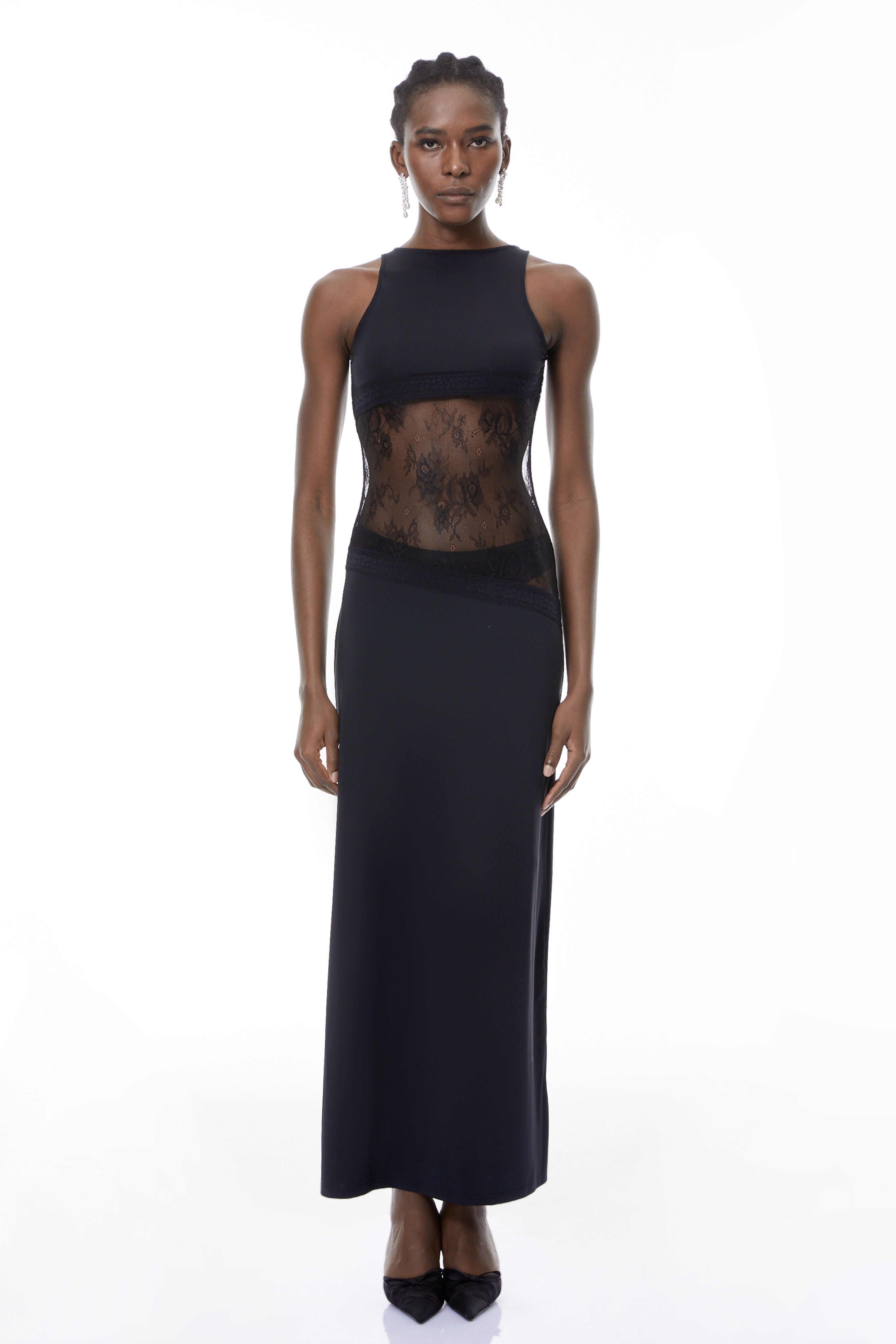 Annemarie Black Lace Panel Stretch Maxi Dress