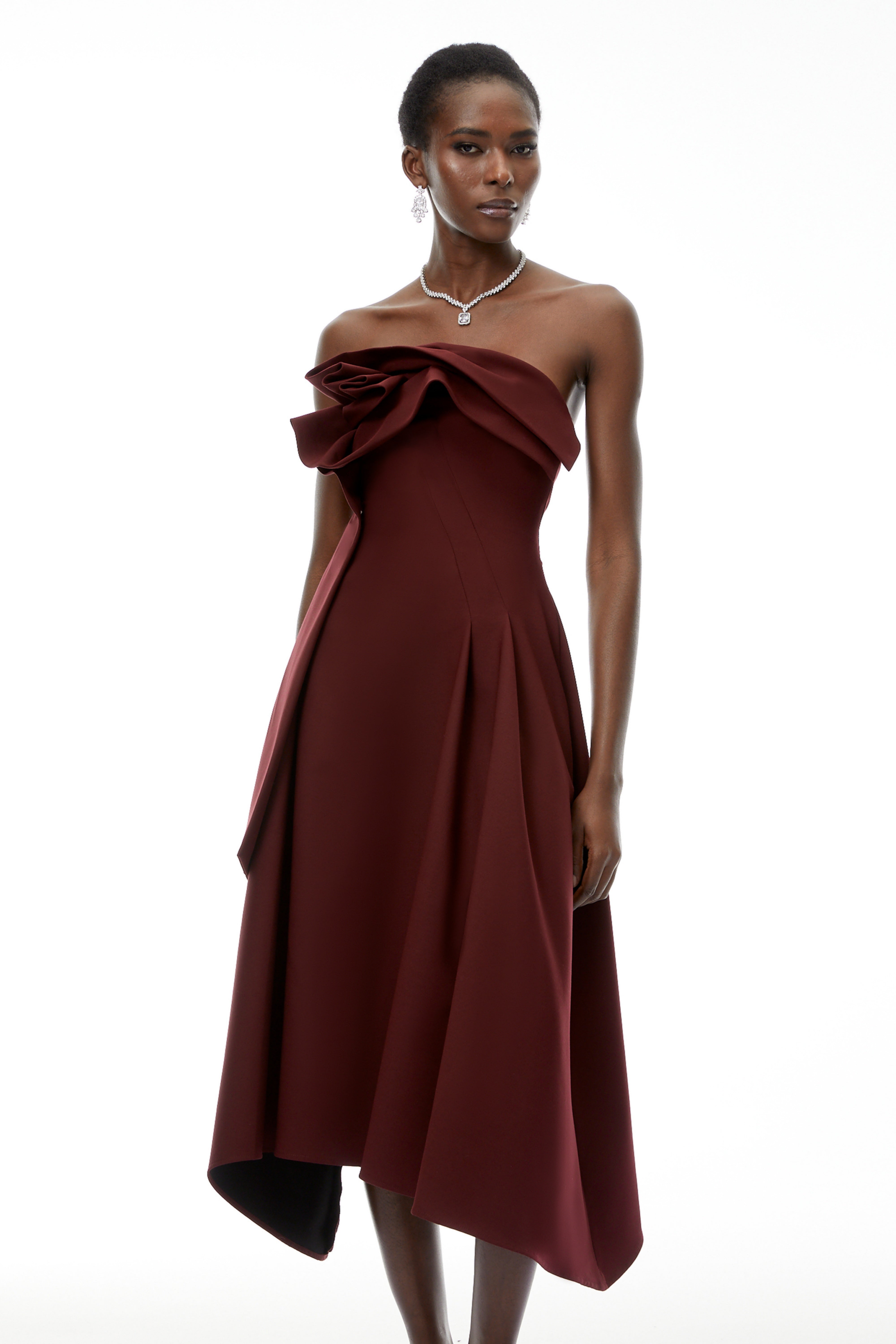 Annika Burgundy 3D Petal Ruched Midi Dress