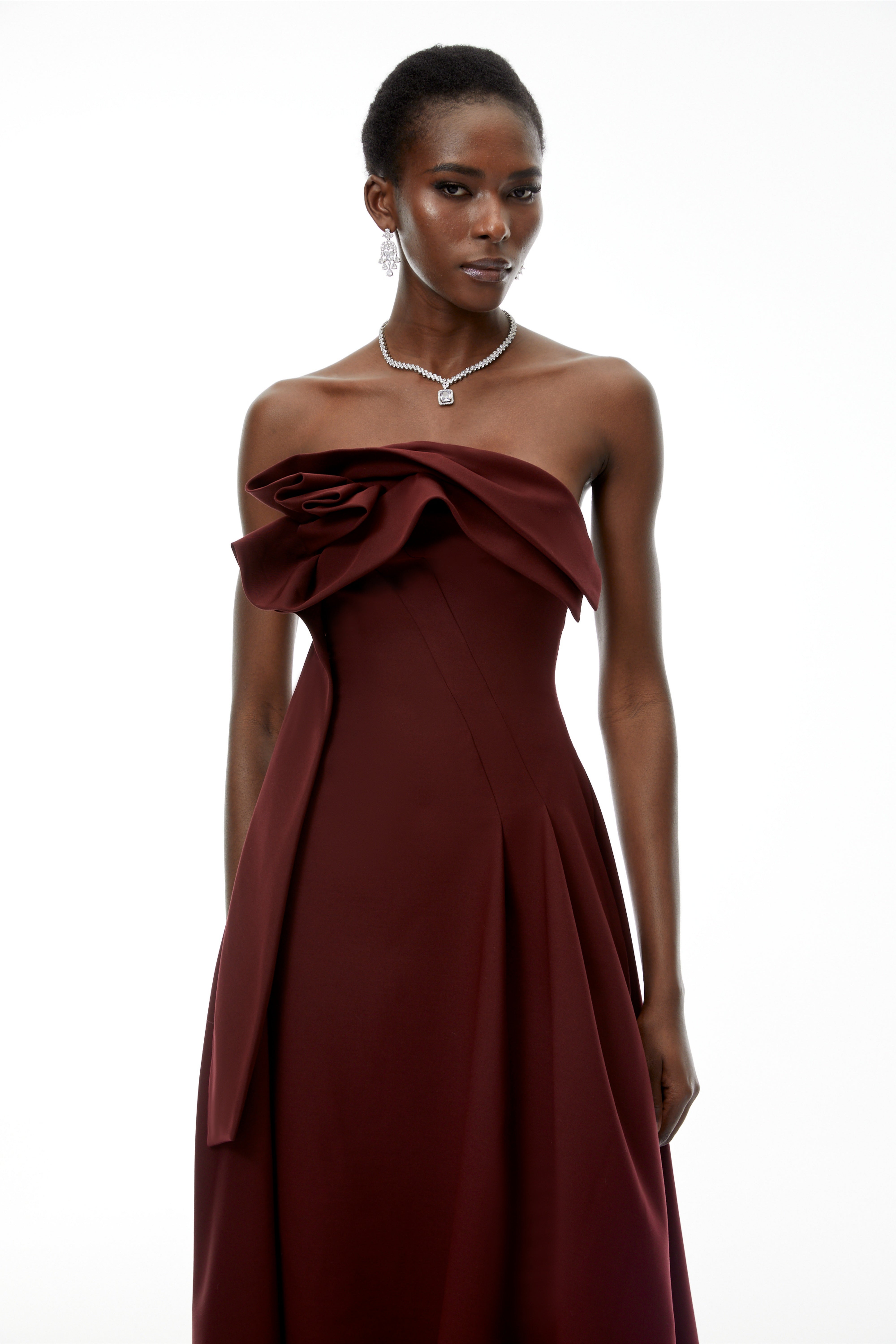 Annika Burgundy 3D Petal Ruched Midi Dress