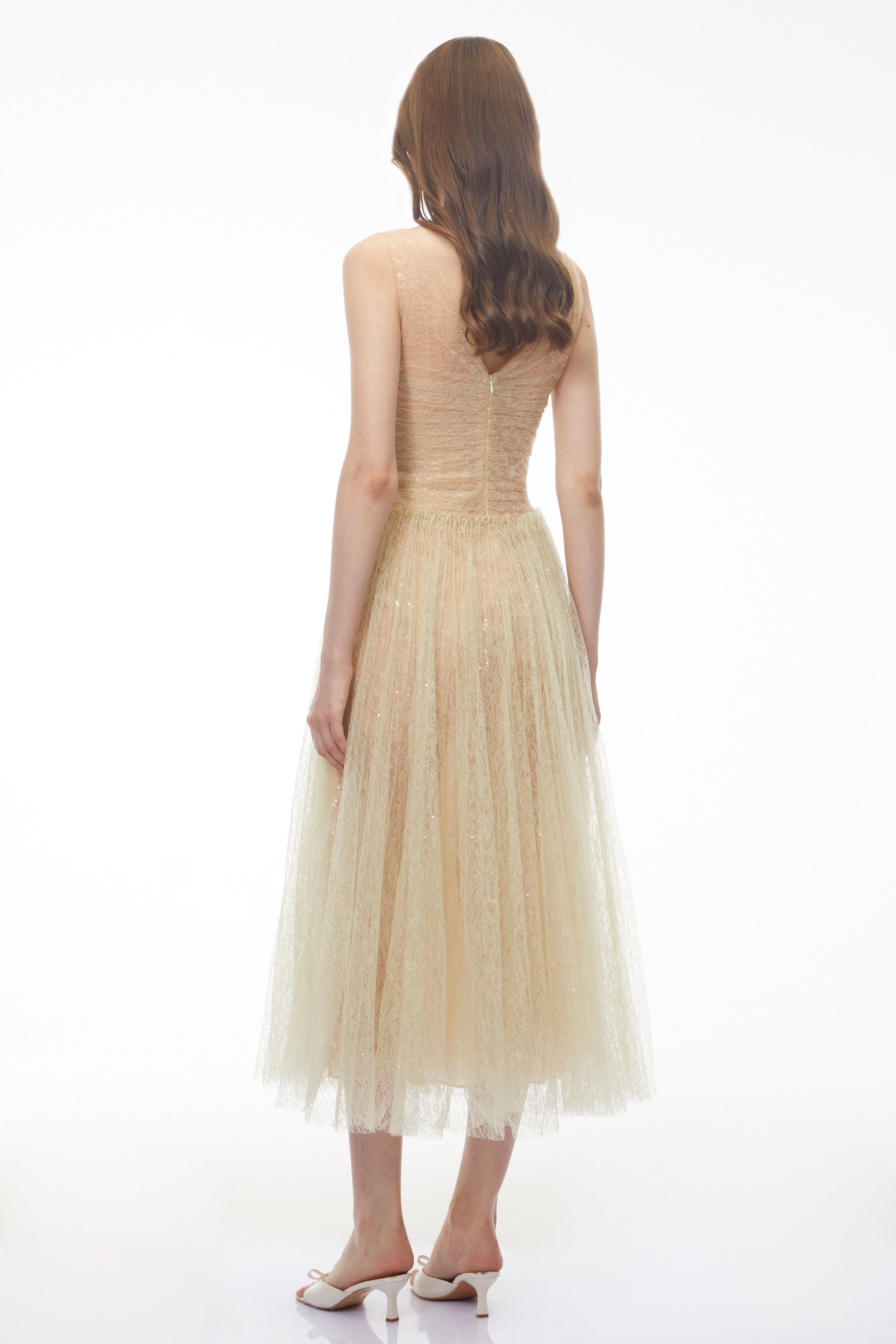 Annika Green Sequin Tulle Maxi Dress with Lace Panels