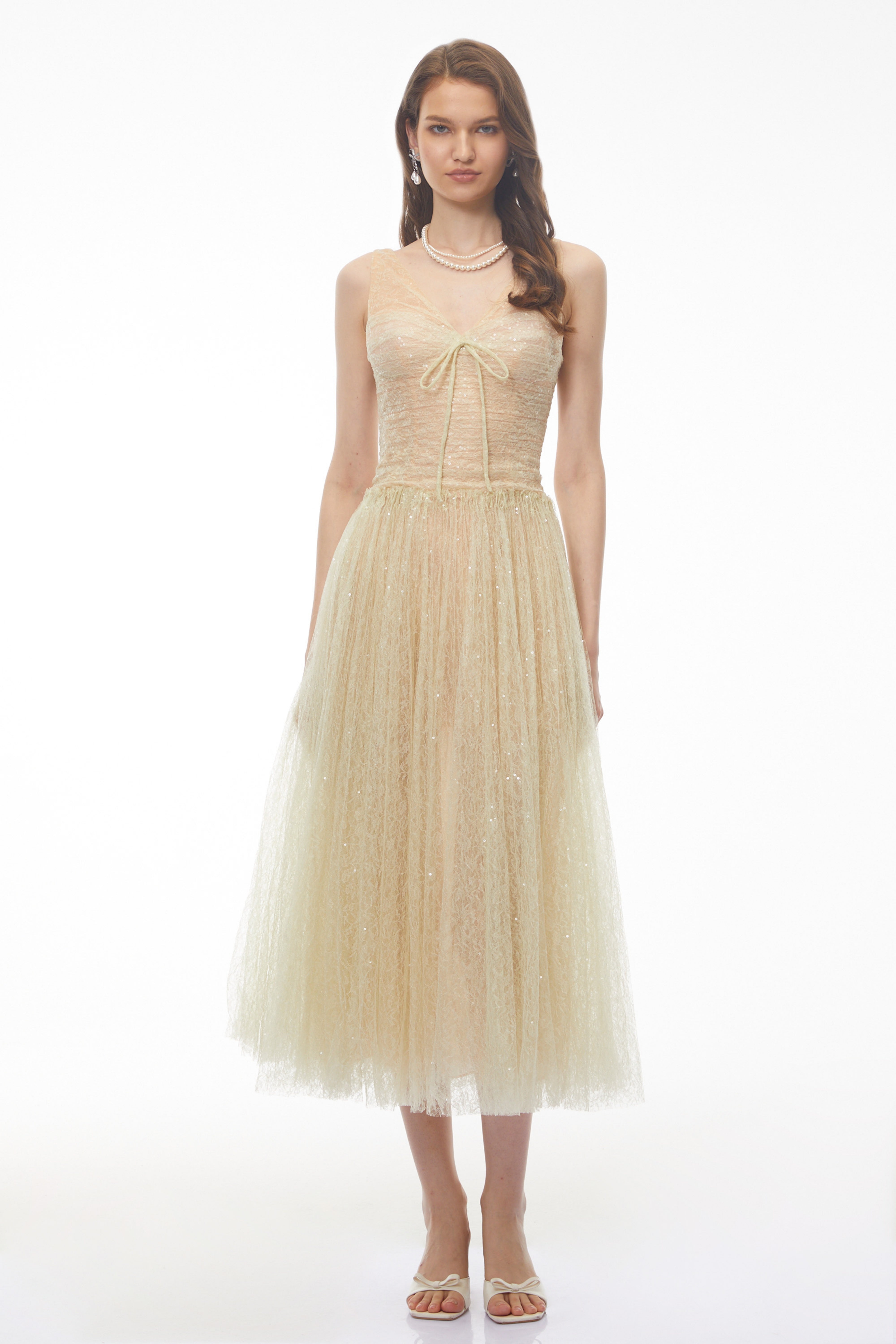Annika Green Sequin Tulle Maxi Dress with Lace Panels