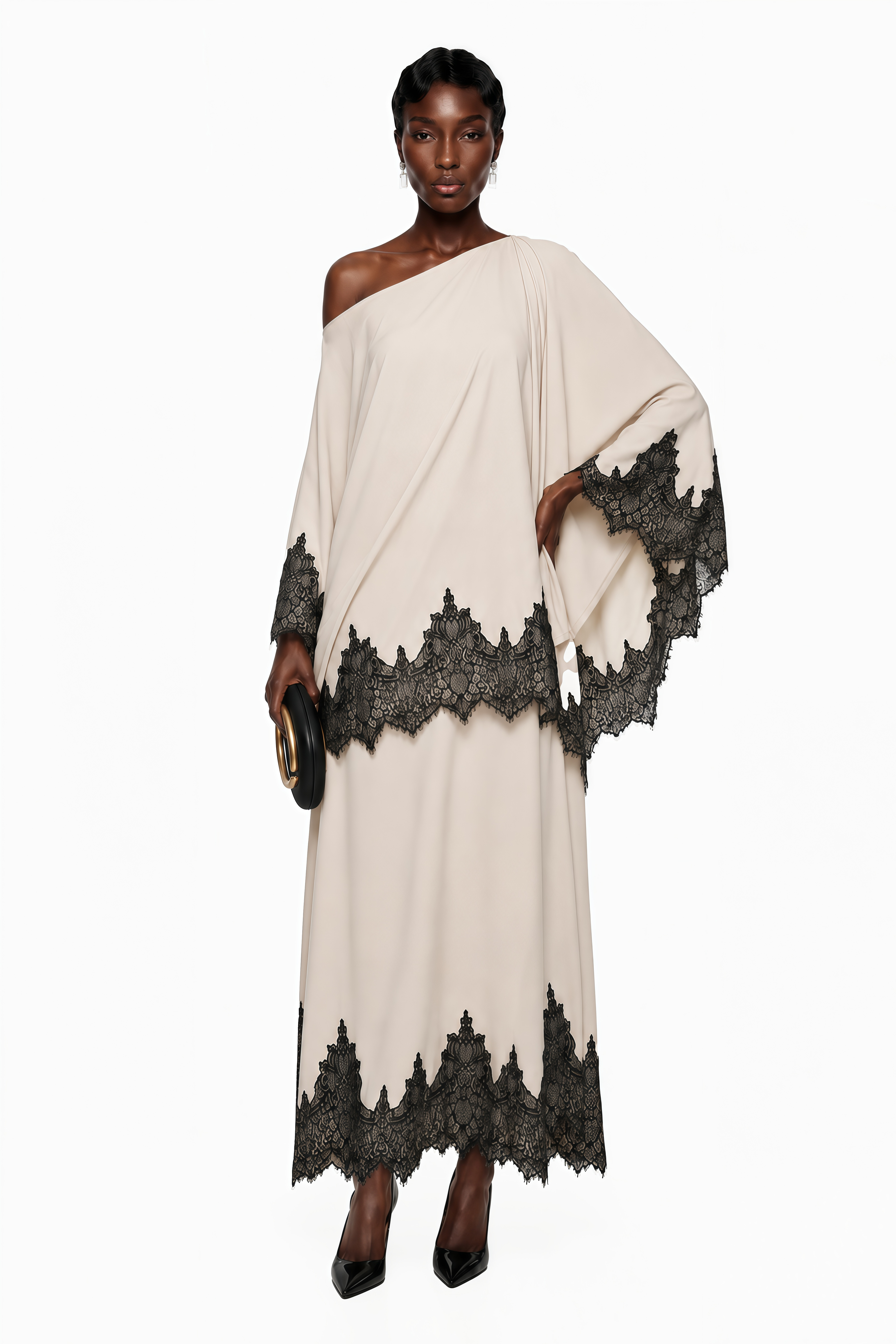 Aoraki Cream One Shoulder Top & Skirt Set with Lace Trim