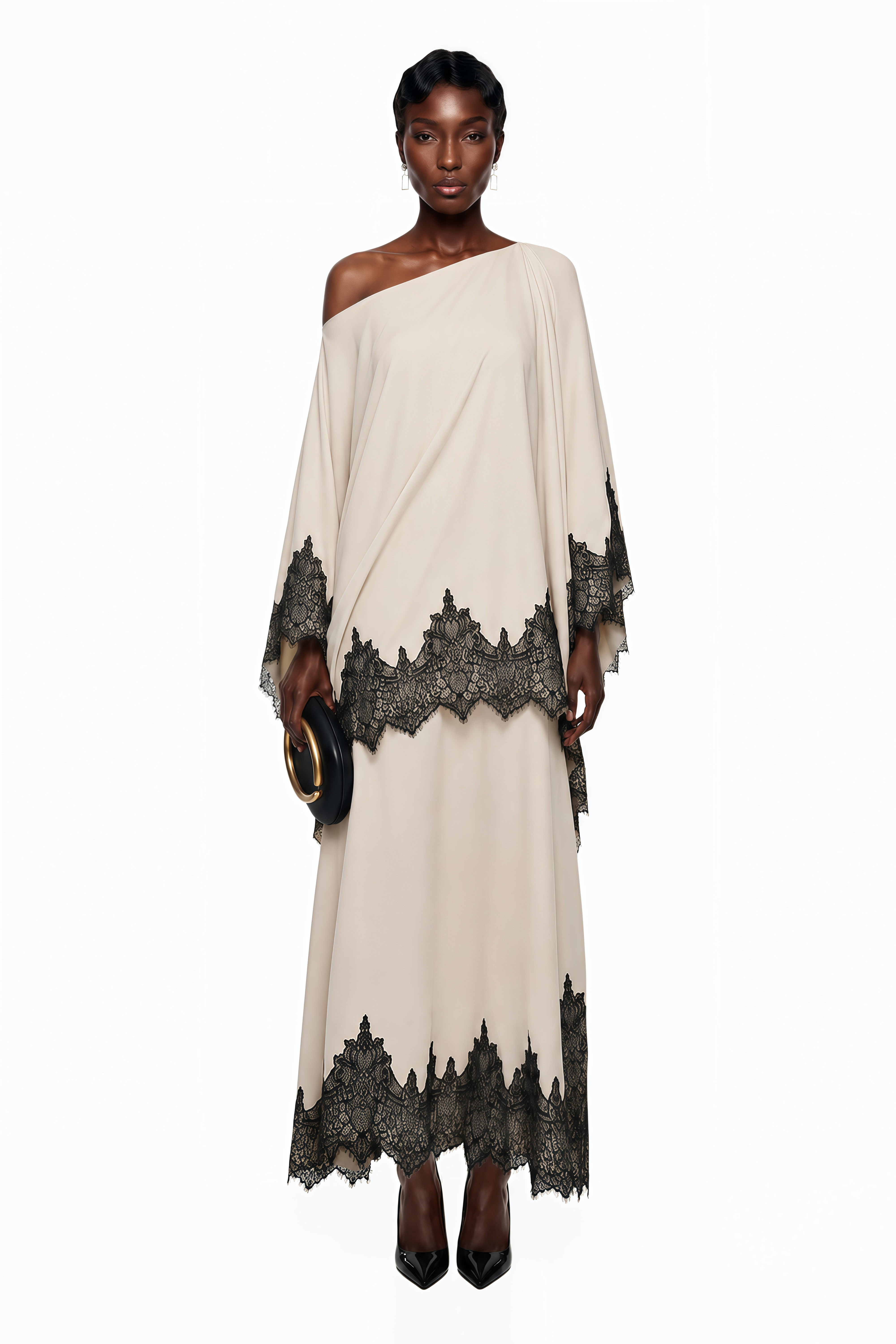 Aoraki Cream One Shoulder Top & Skirt Set with Lace Trim
