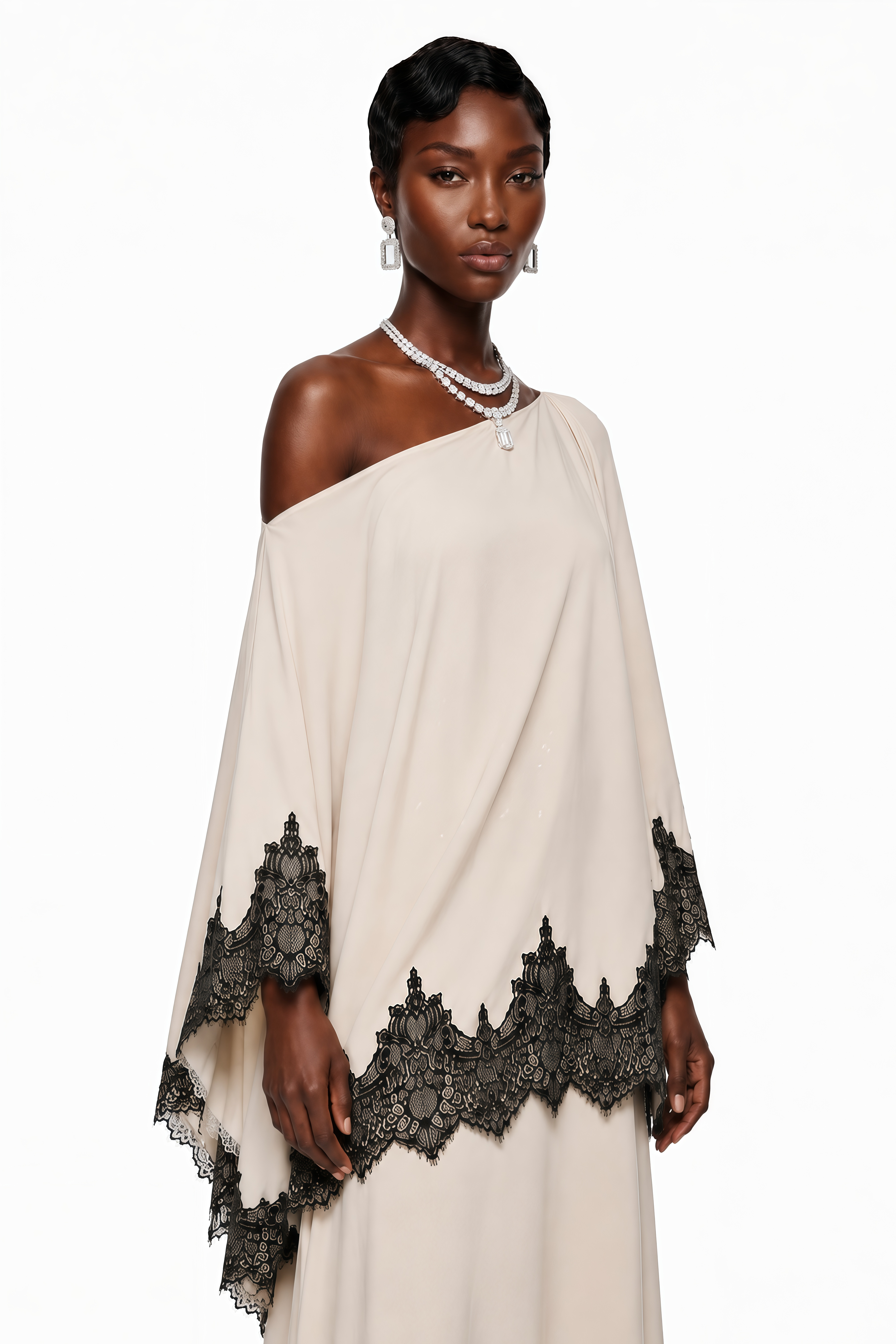Aoraki Cream One Shoulder Top & Skirt Set with Lace Trim