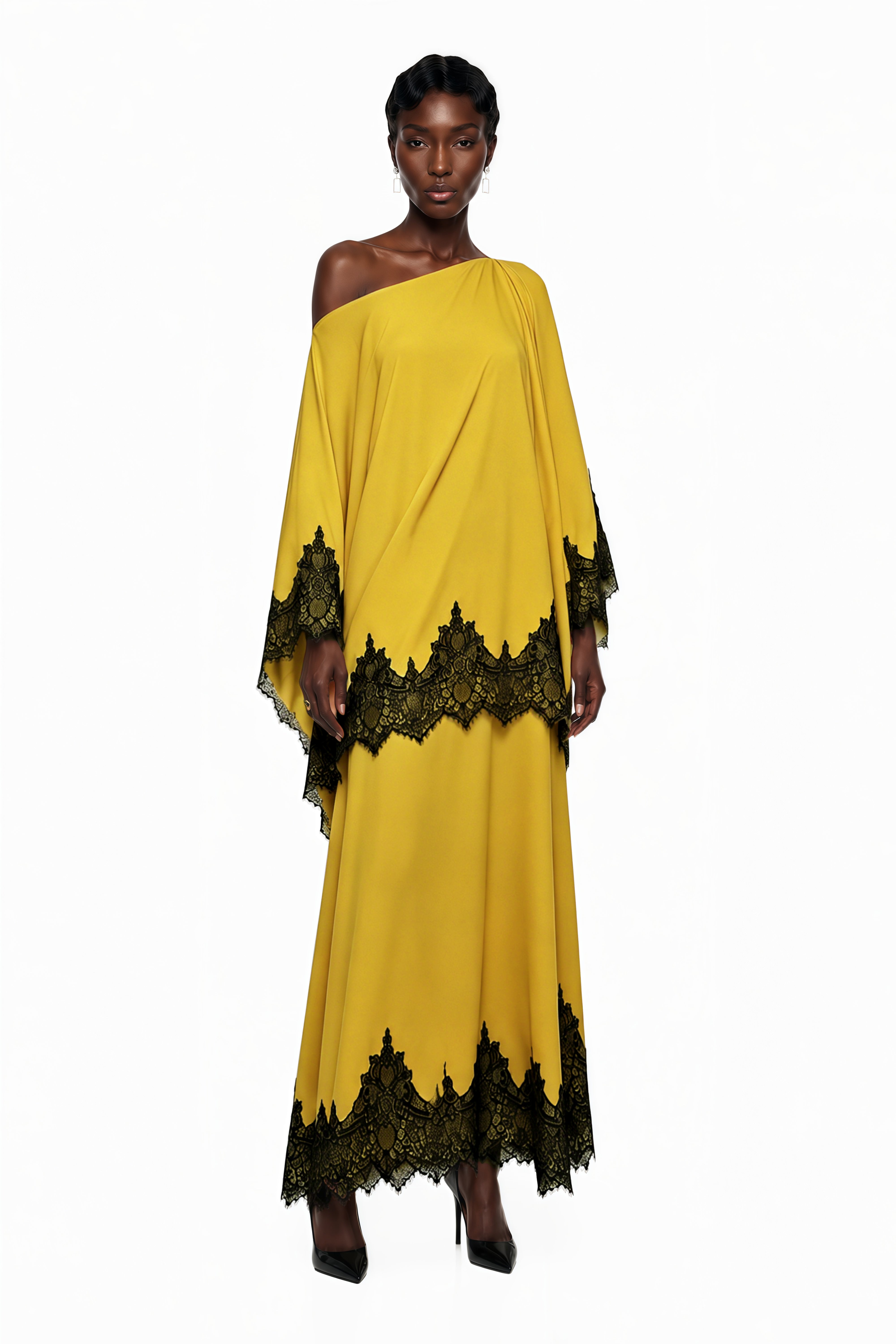 Ensemble top asymétrique et jupe Aoraki jaune avec bordures en dentelle