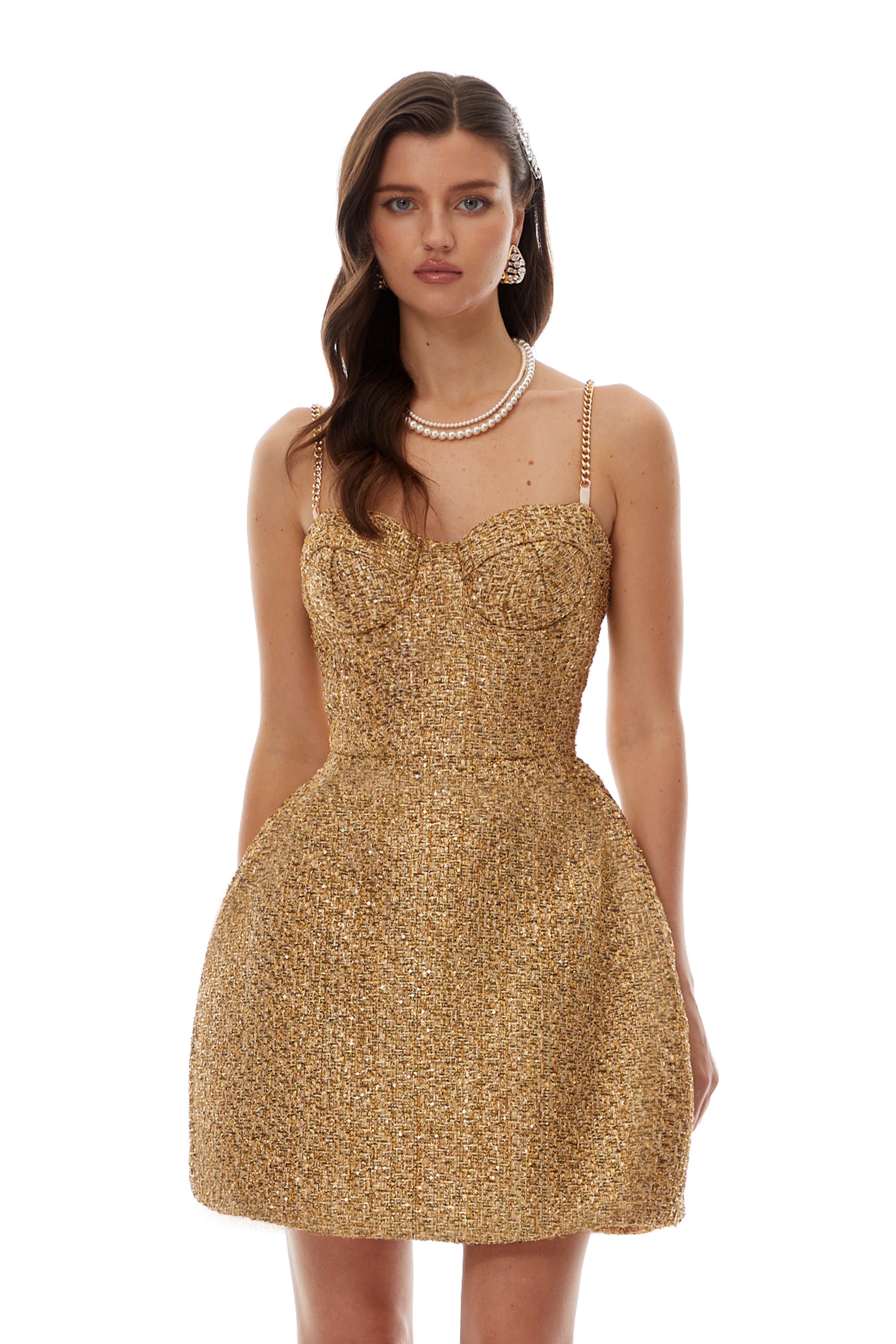 Arna Gold Sweetheart Neckline Tweed Mini Dress