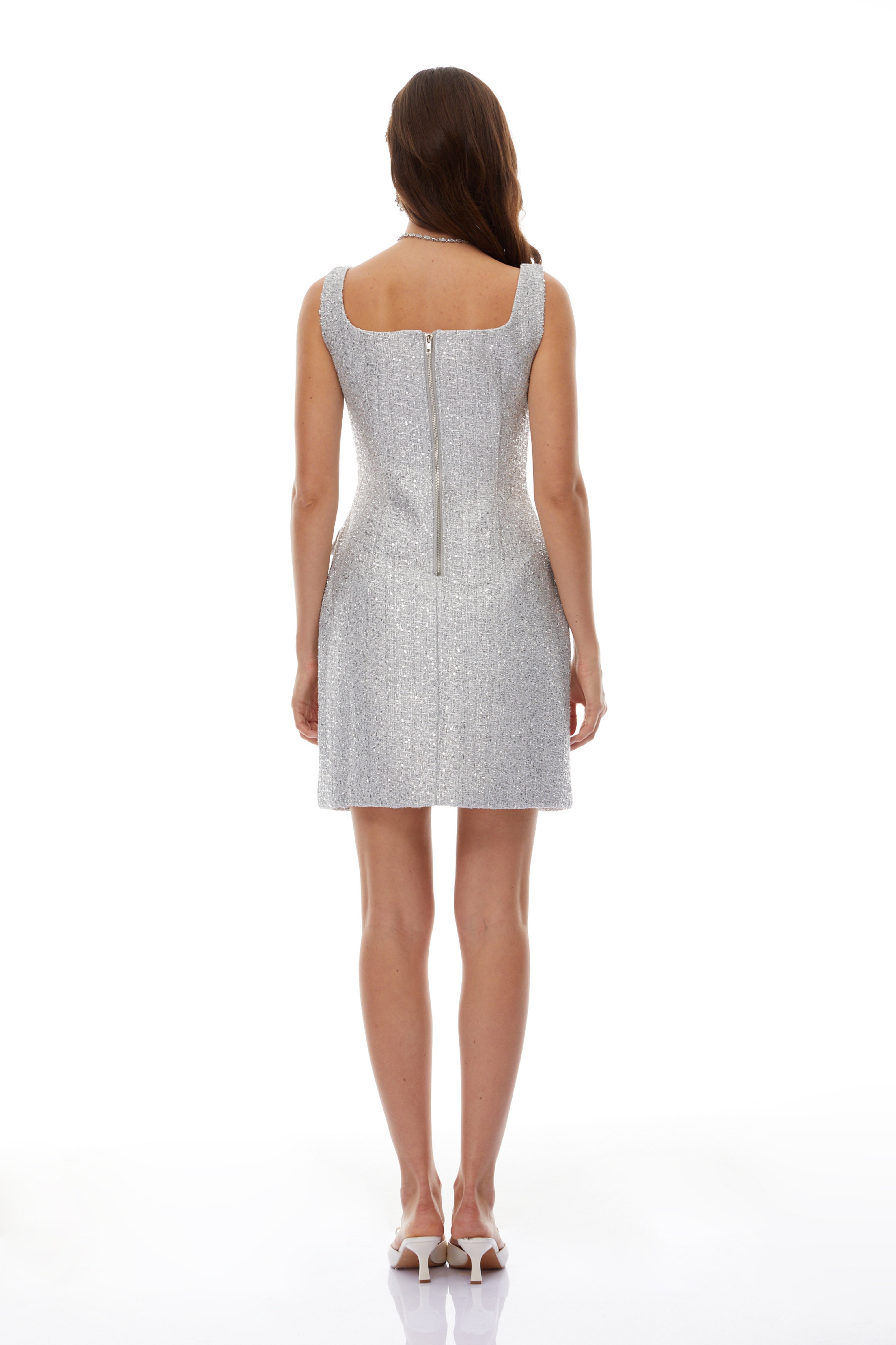 Arna Silver Square Neck Tweed Mini Dress