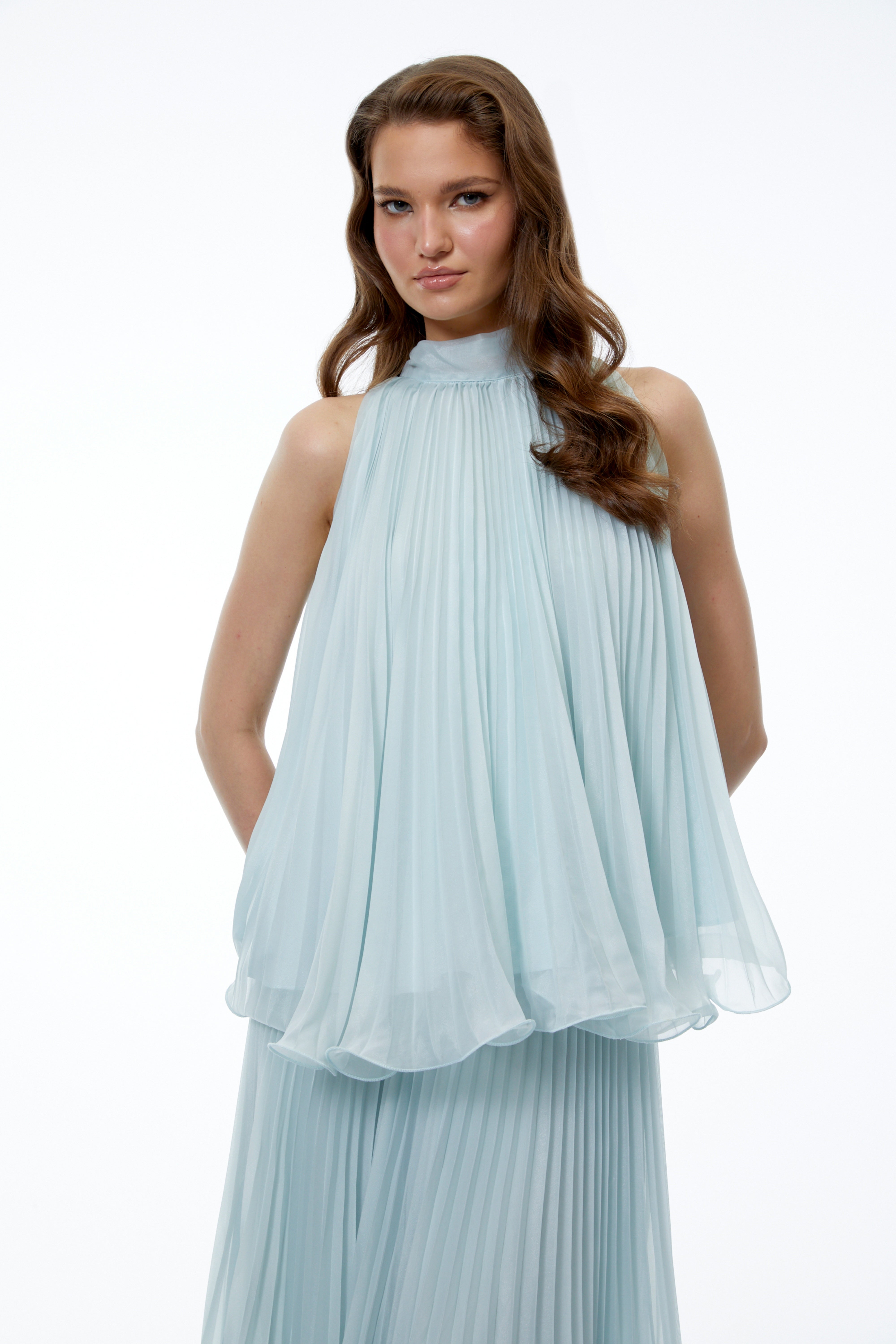 Arohanui Blue Pleated Top & Skirt Set