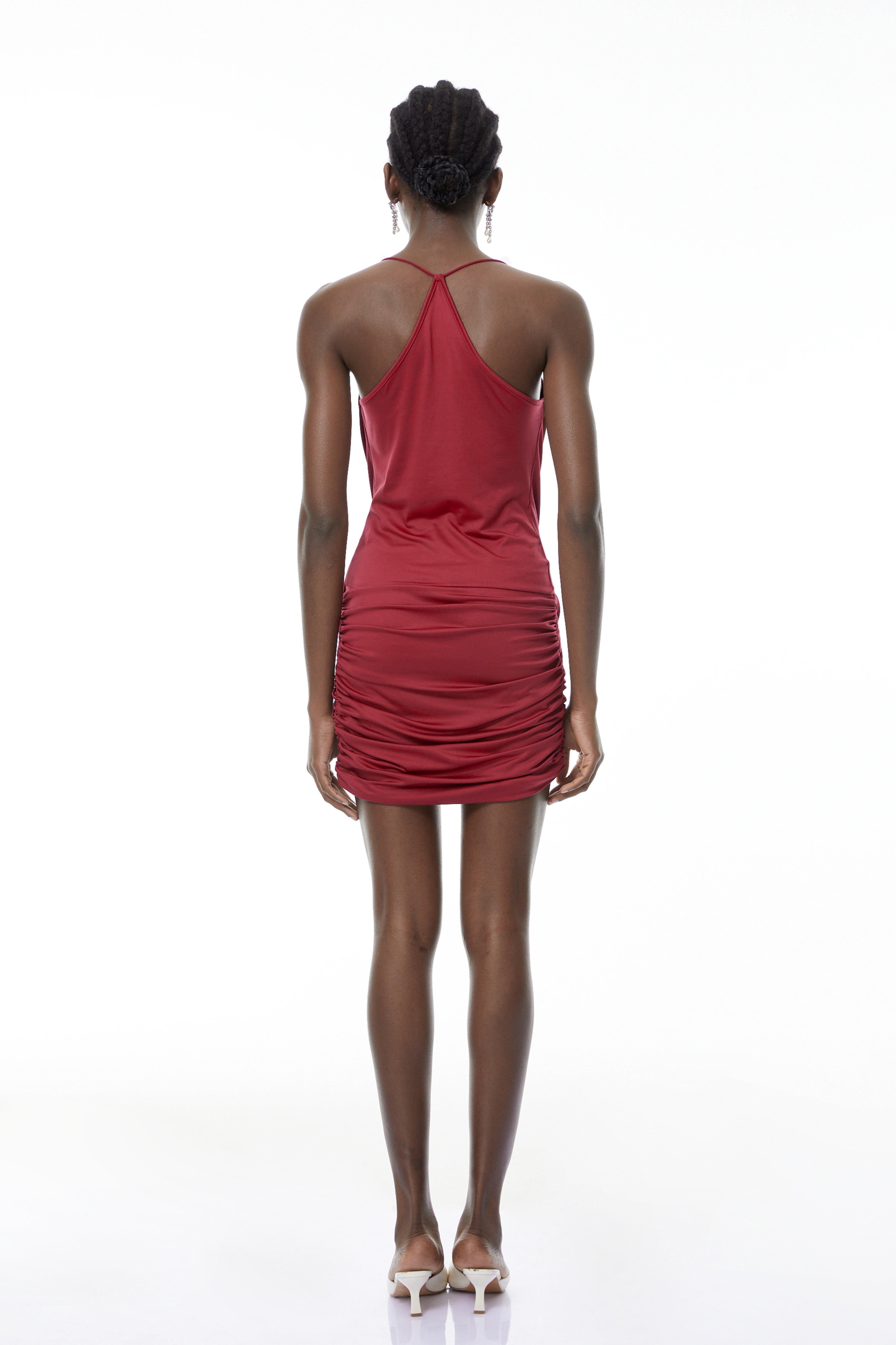 Astrid Burgundy V-Neck Draped Mini Dress