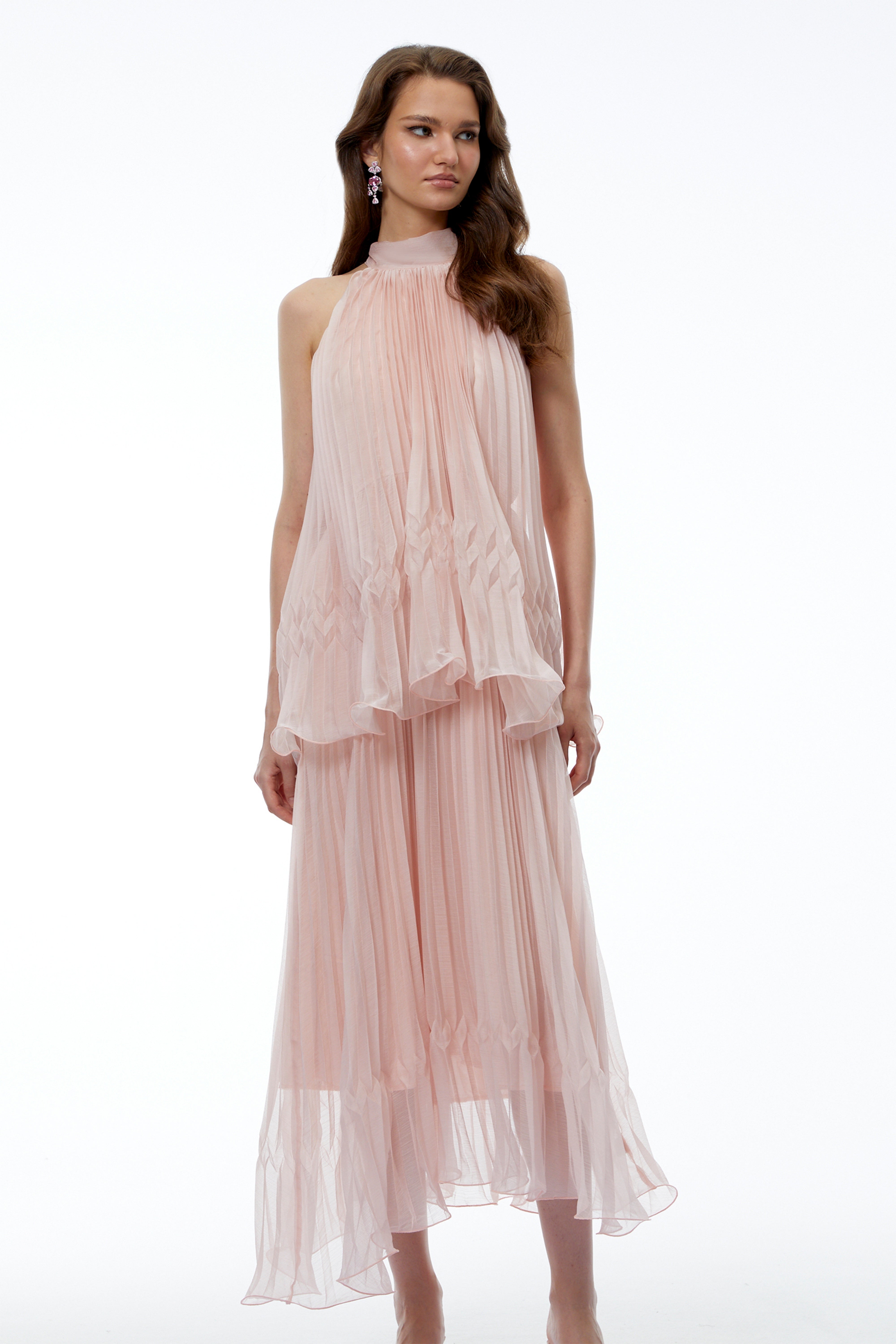 Robe mi-longue plissée sans manches rose Atawhai