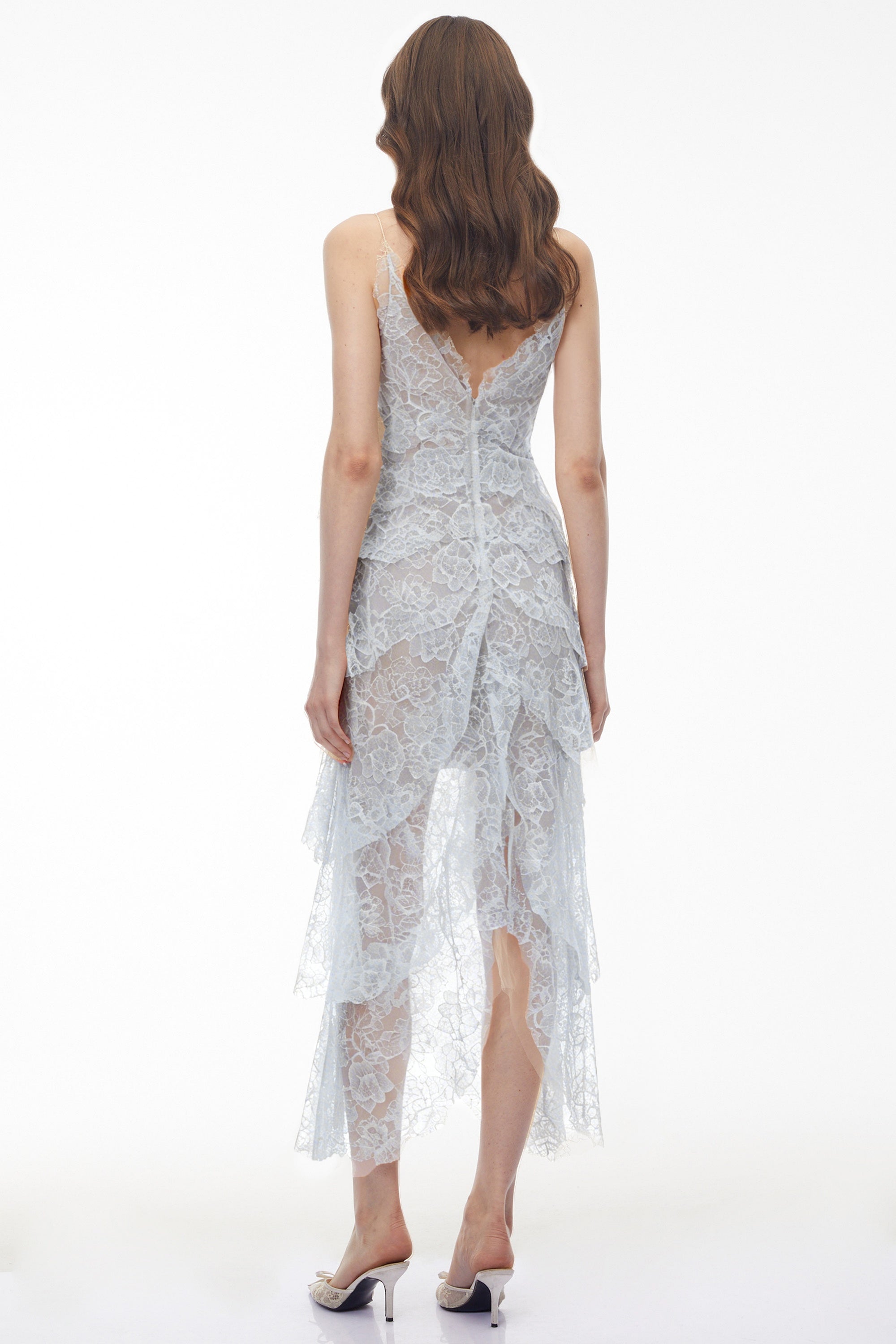 Atousa Blue Layered Floral Lace Maxi Dress with Bow