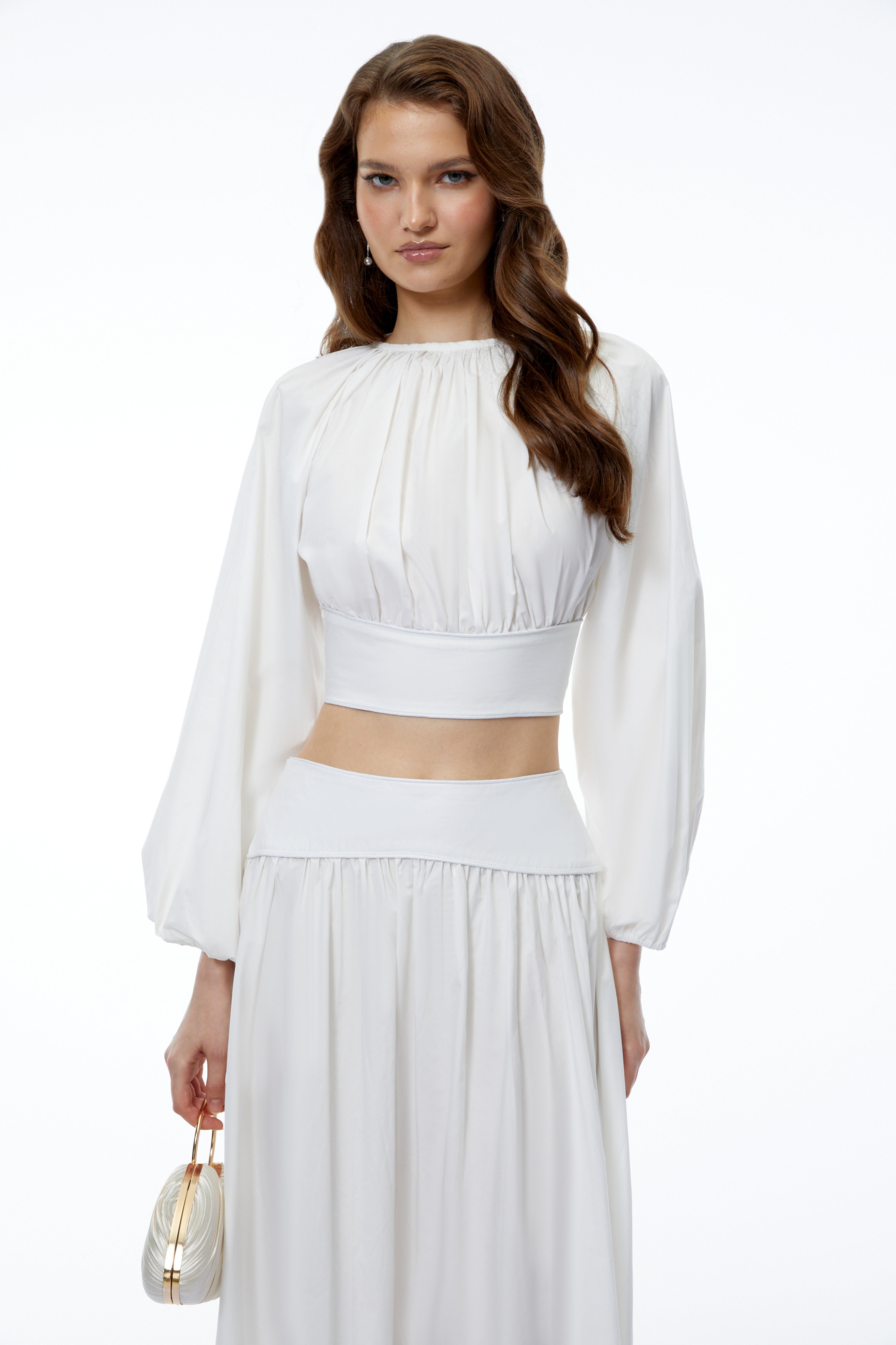 Aubrey White Round Neck Puff Sleeve Top & Skirt Set