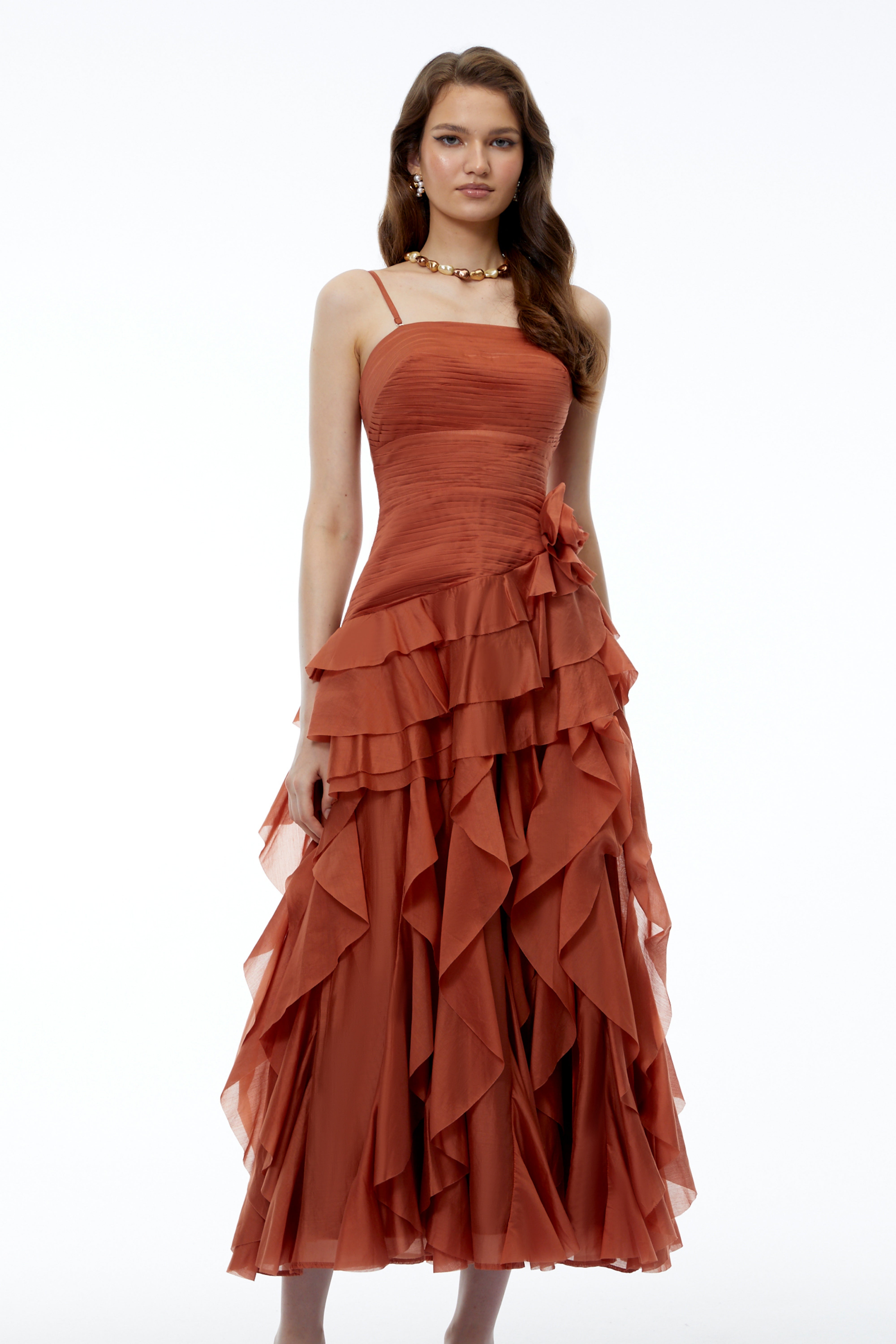 Aurelie Orange Tiered Ruffled Maxi Dress with 3D Florals