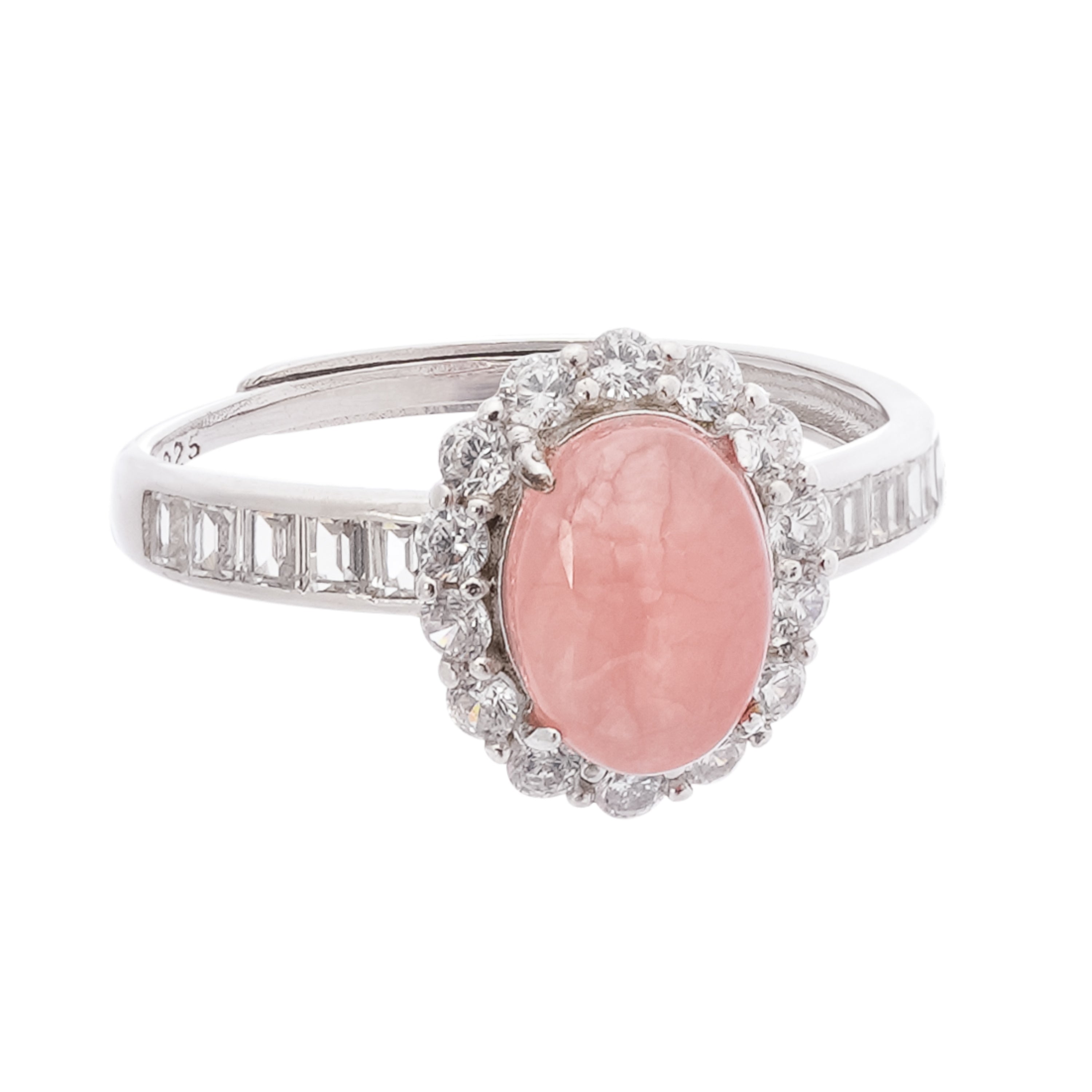 Aurora Peach Cabochon Cut Halo Sterling Silver Ring