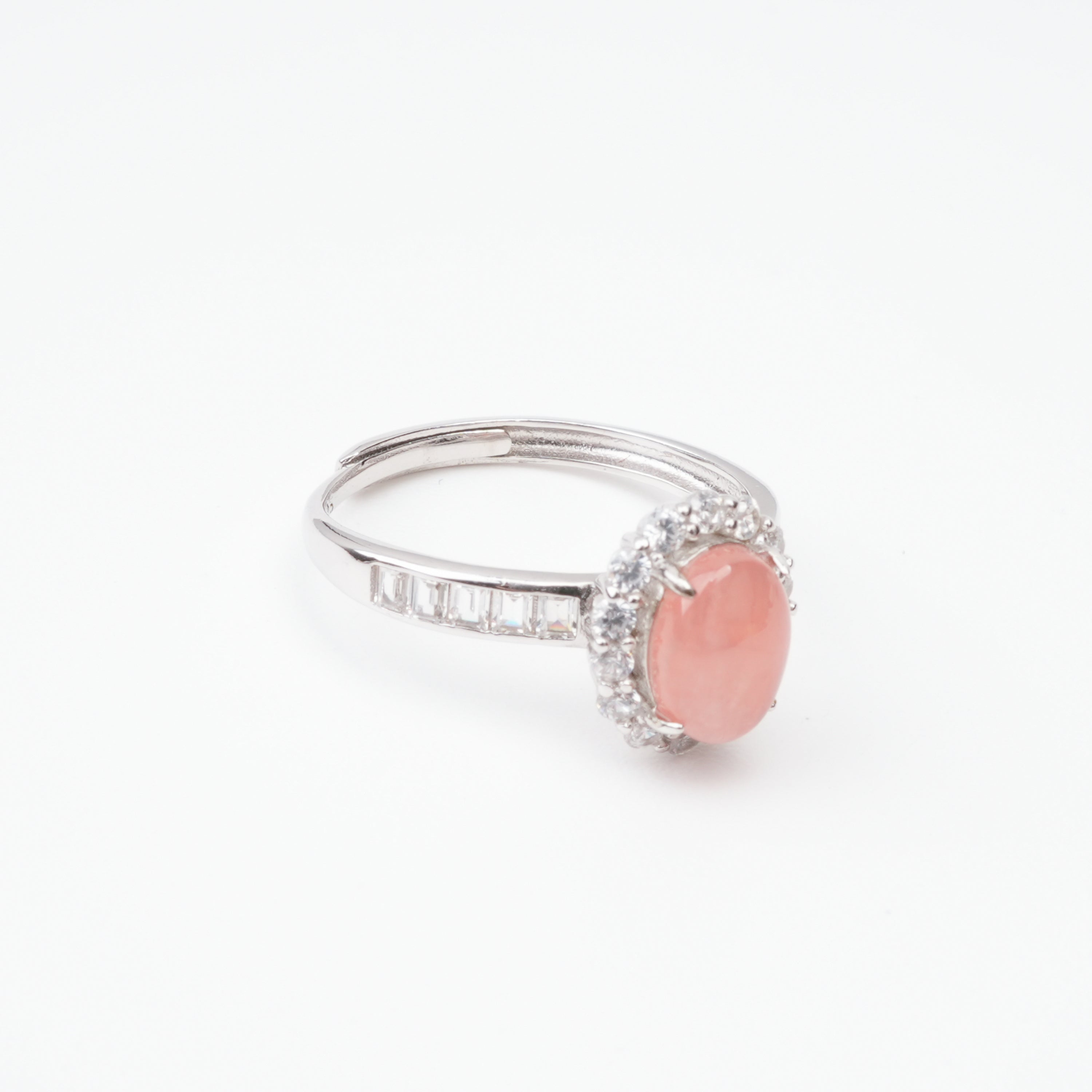 Aurora Peach Cabochon Cut Halo Sterling Silver Ring