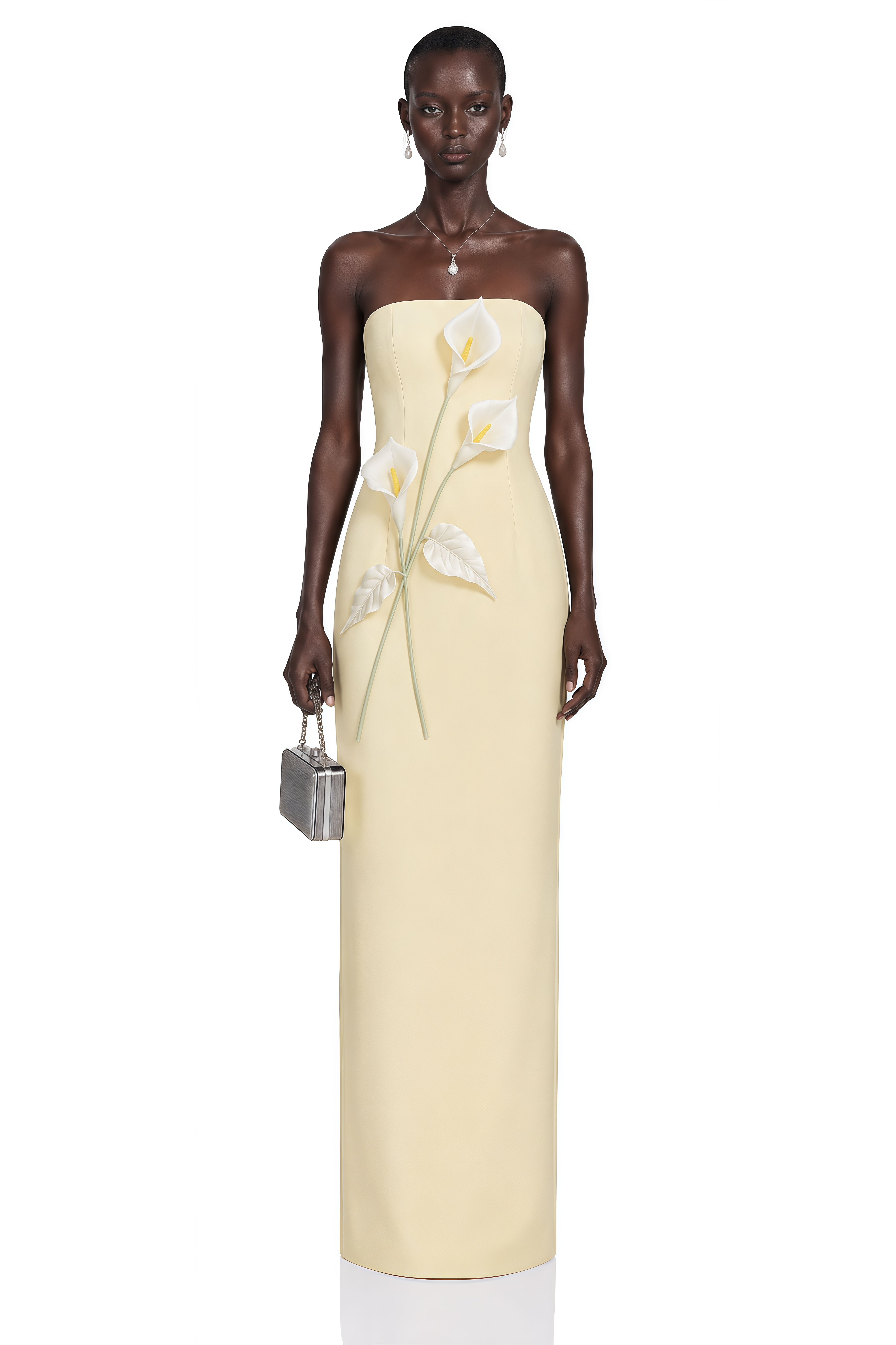 Robe longue à épaules dénudées jaune Aurora avec motifs floraux en 3D