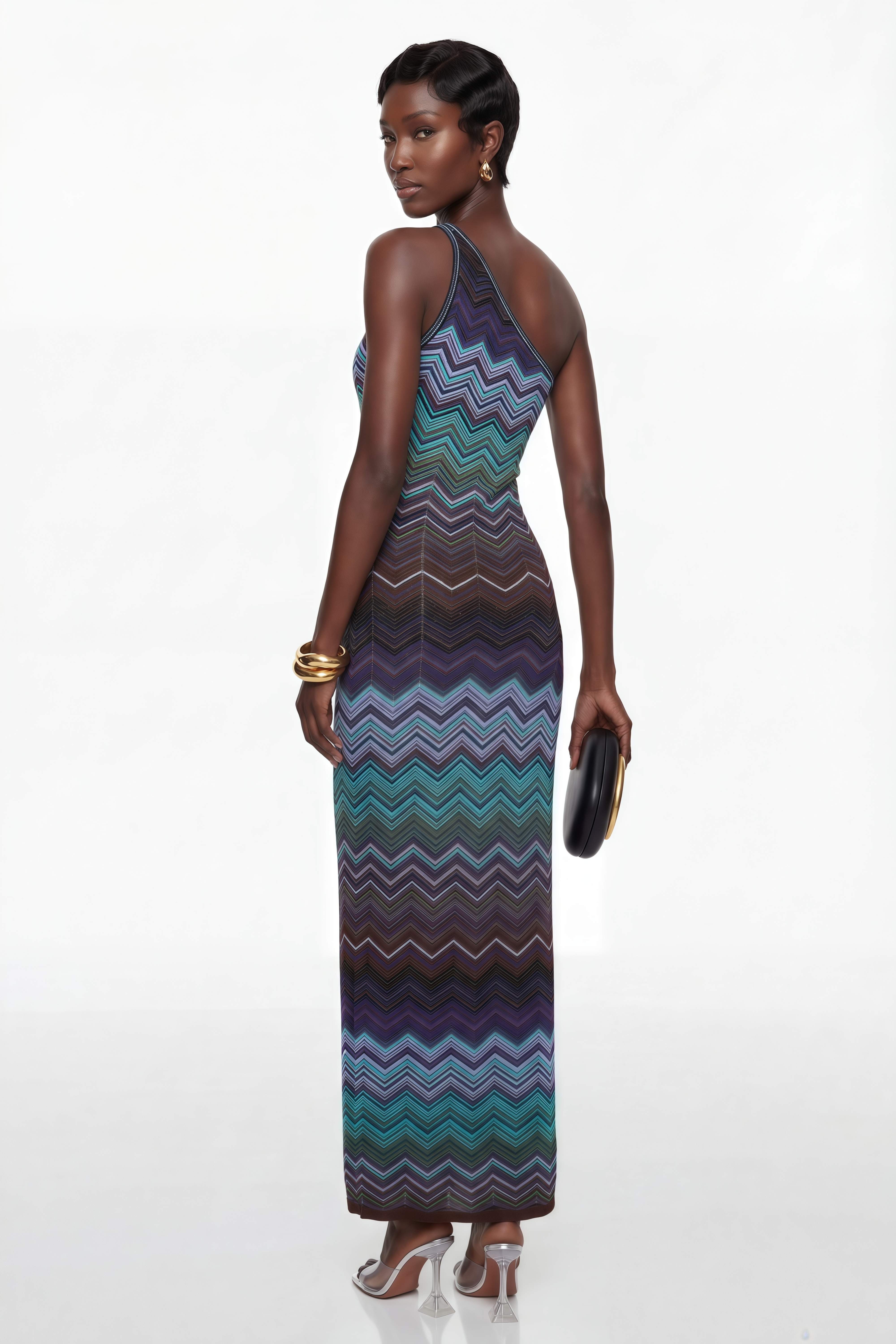 Avery Blaues Strick-Maxikleid mit Wellenmuster