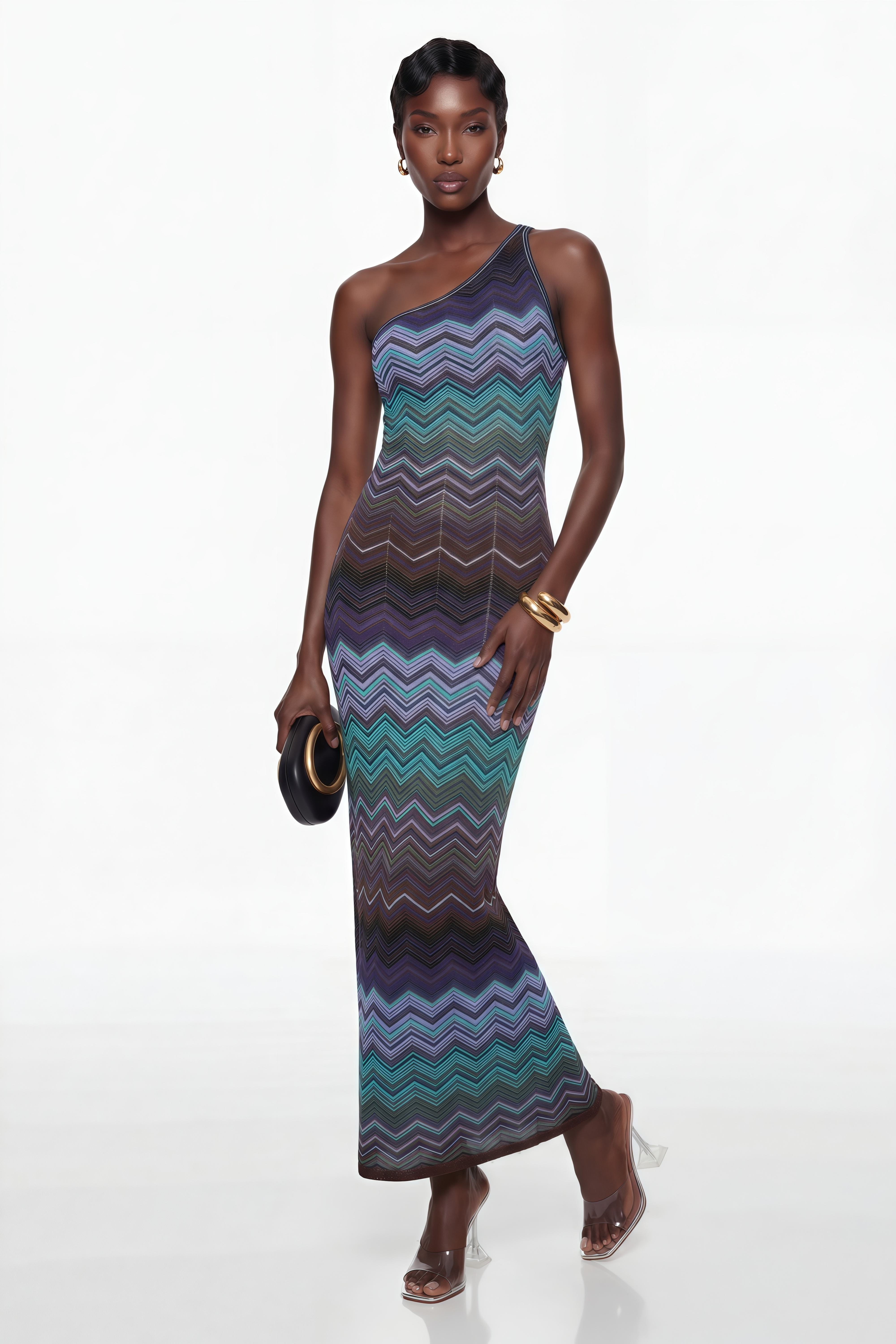 Avery Blaues Strick-Maxikleid mit Wellenmuster