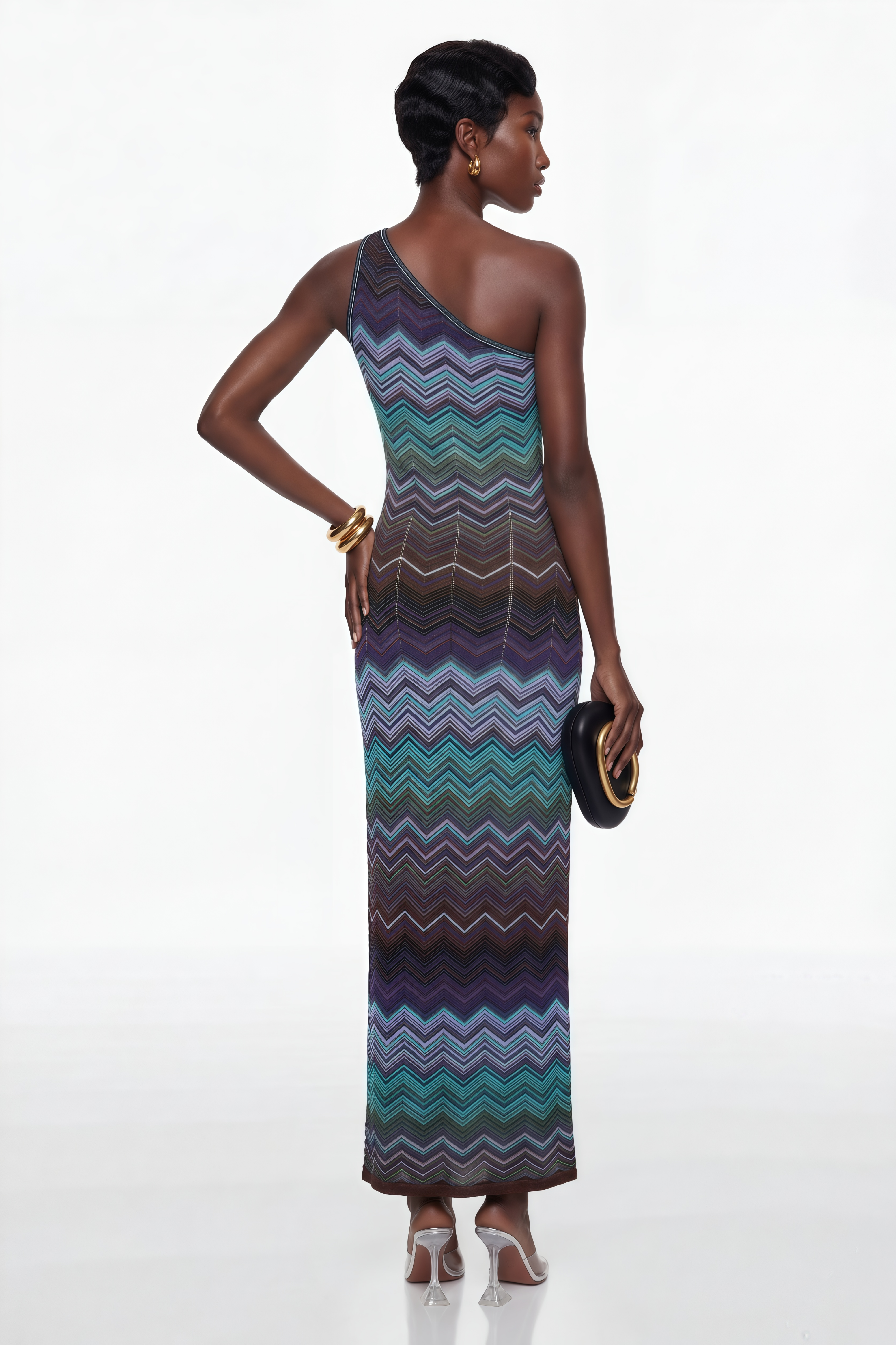 Avery Blaues Strick-Maxikleid mit Wellenmuster