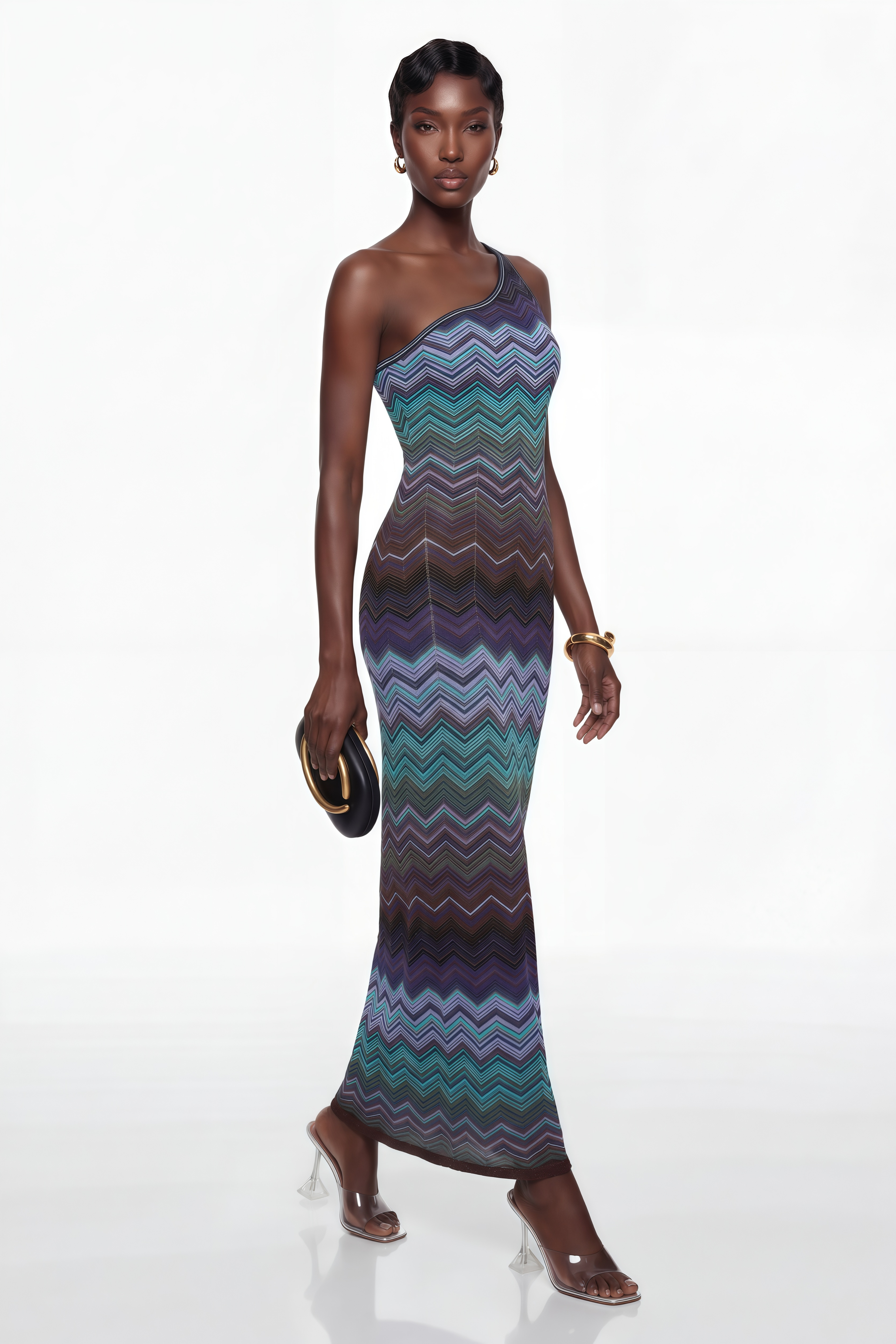 Avery Blaues Strick-Maxikleid mit Wellenmuster